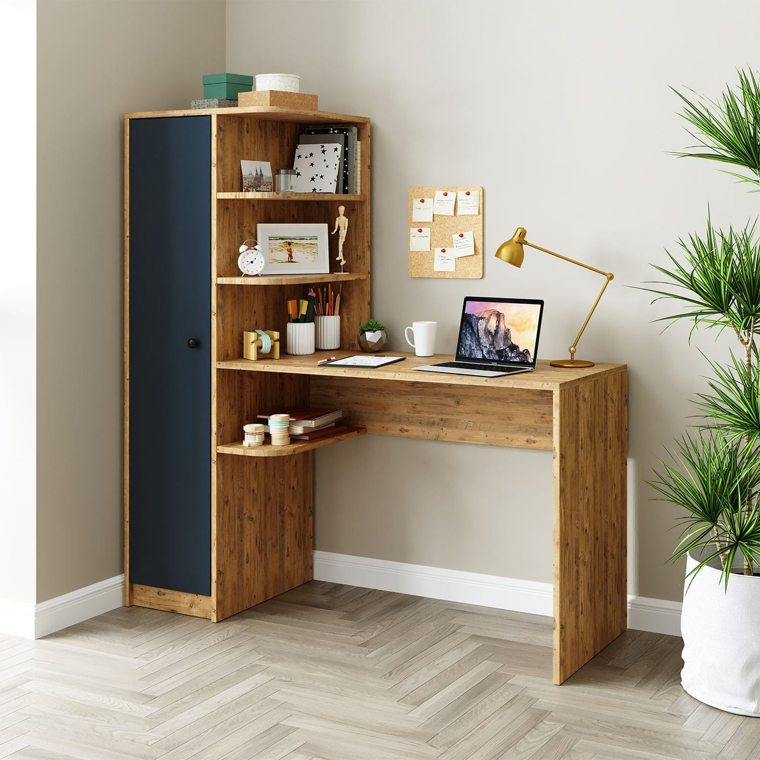 Birou cu biblioteca 2076, 143,2 x 143,2 x 50 cm, pin atlantic antracit, PAL melaminat, design modern — imaginea 7