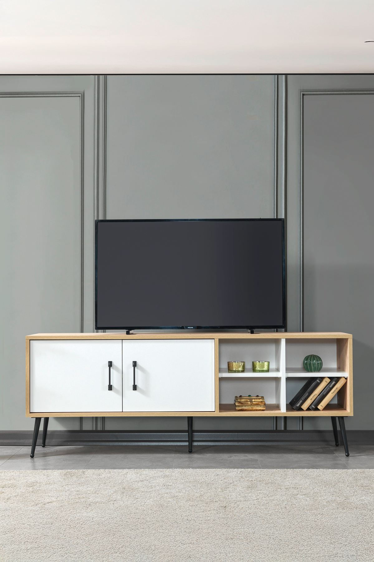 Comoda TV Şile 3611, 160 x 60 x 35 cm, stejar safir alb, PAL melaminat — imaginea 4