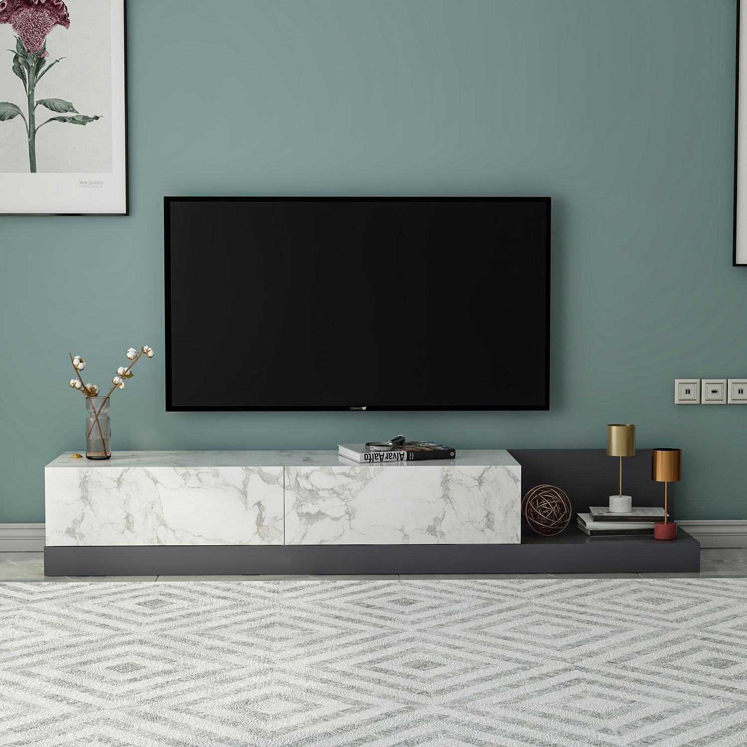 Comoda TV Major, 180 x 30 x 37 cm, marmo marmura antracit, PAL melaminat, marmo marble / antracit — imaginea 2