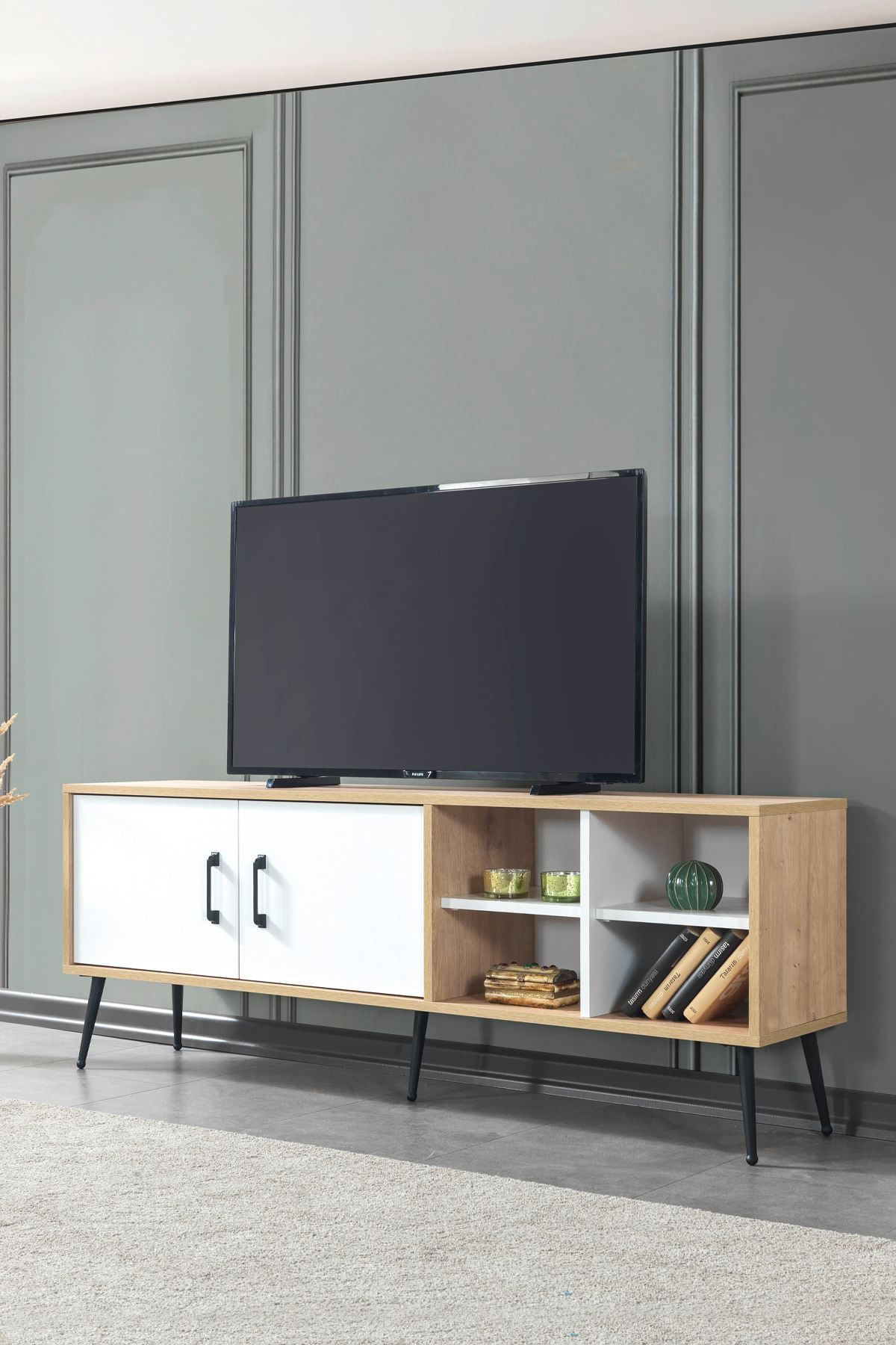Comoda TV Şile 3611, 160 x 60 x 35 cm, stejar safir alb, PAL melaminat — imaginea 5