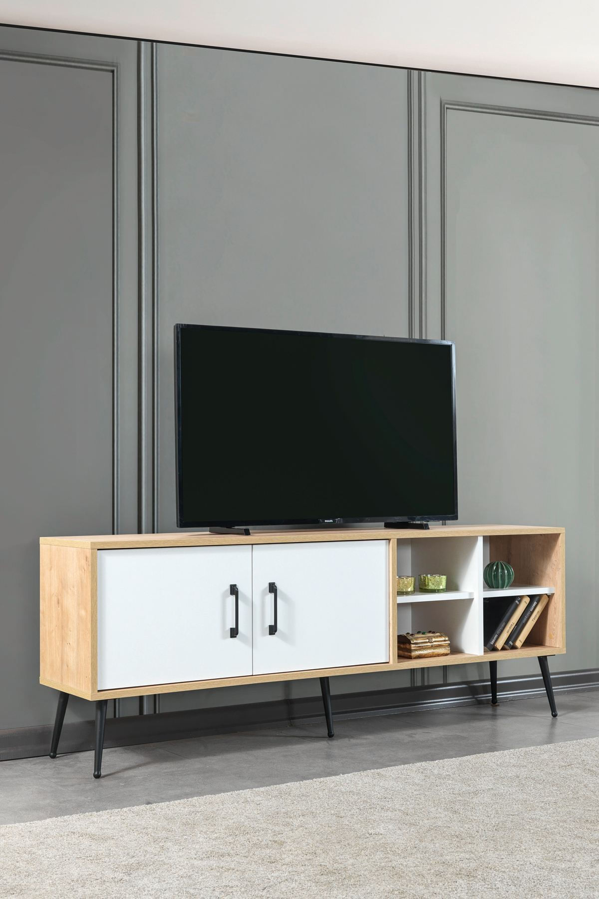 Comoda TV Şile 3611, 160 x 60 x 35 cm, stejar safir alb, PAL melaminat — imaginea 6