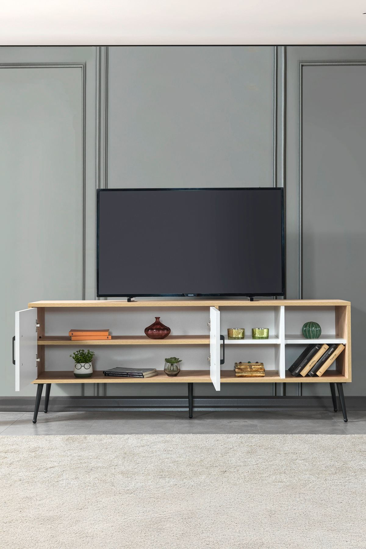 Comoda TV Şile 3611, 160 x 60 x 35 cm, stejar safir alb, PAL melaminat — imaginea 7