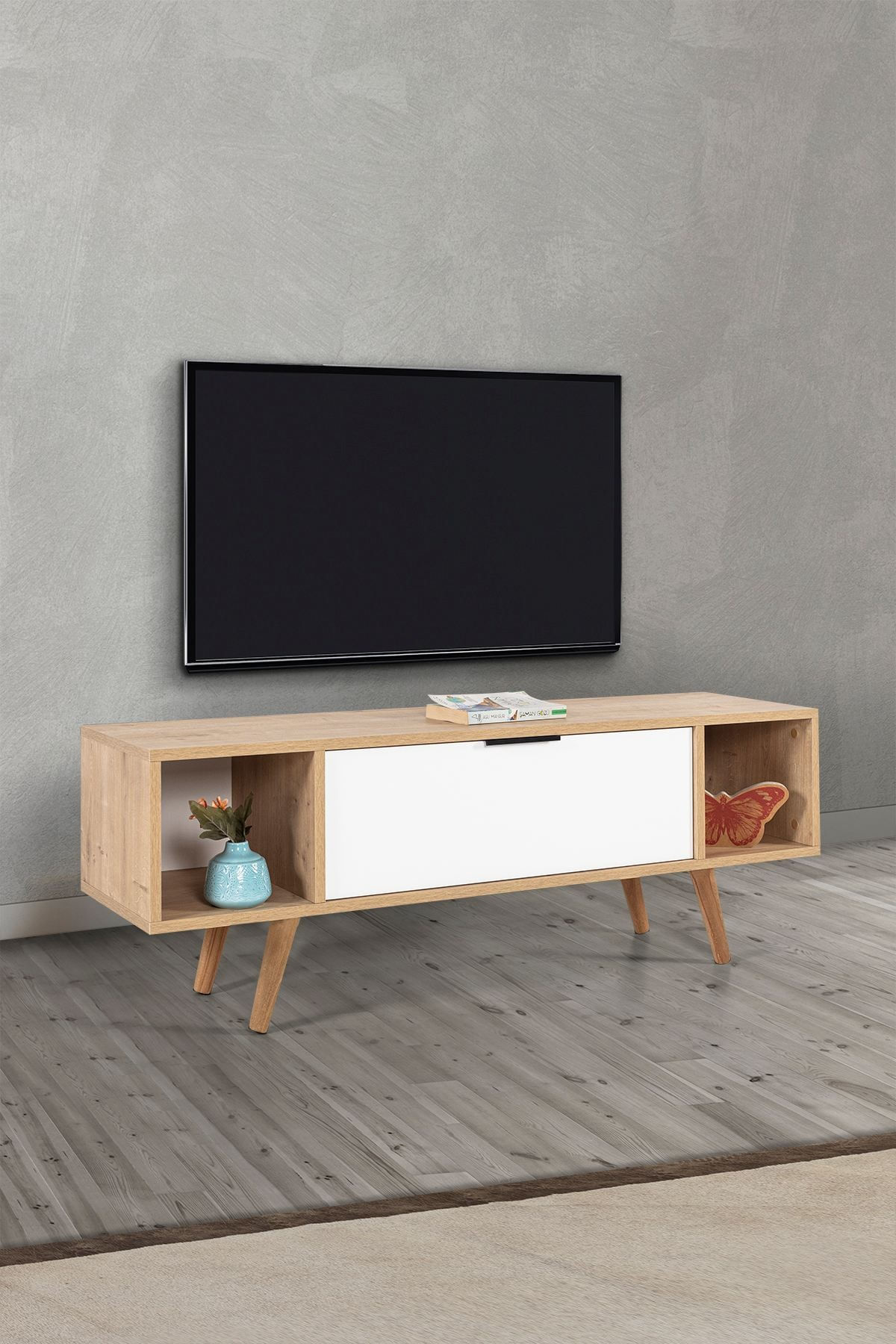 Comoda TV Mesir 3328, 130 x 47 x 35 cm, stejar safir alb, PAL melaminat — imaginea 2
