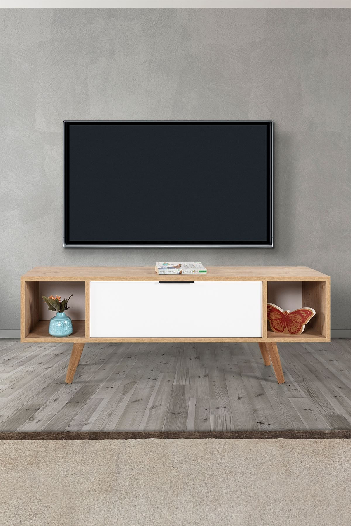 Comoda TV Mesir 3328, 130 x 47 x 35 cm, stejar safir alb, PAL melaminat — imaginea 5