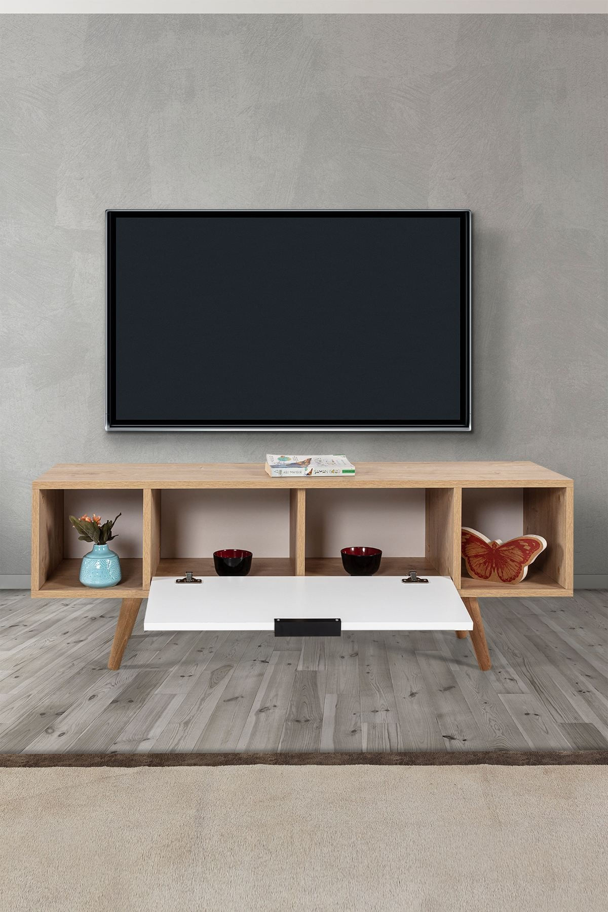 Comoda TV Mesir 3328, 130 x 47 x 35 cm, stejar safir alb, PAL melaminat — imaginea 7