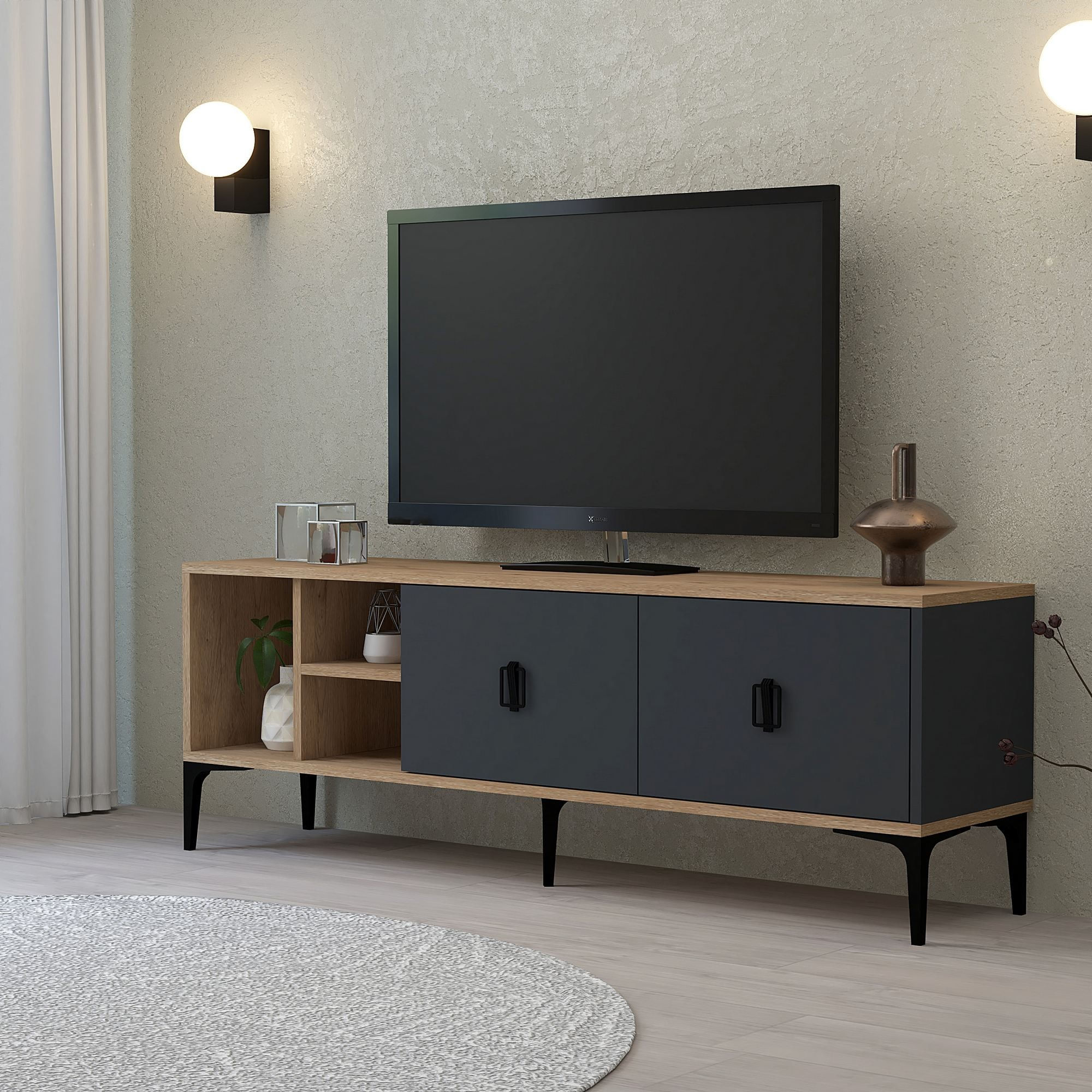 Comoda TV Era 3505, 150 x 50 x 35 cm, stejar safir antracit, PAL melaminat — imaginea 2