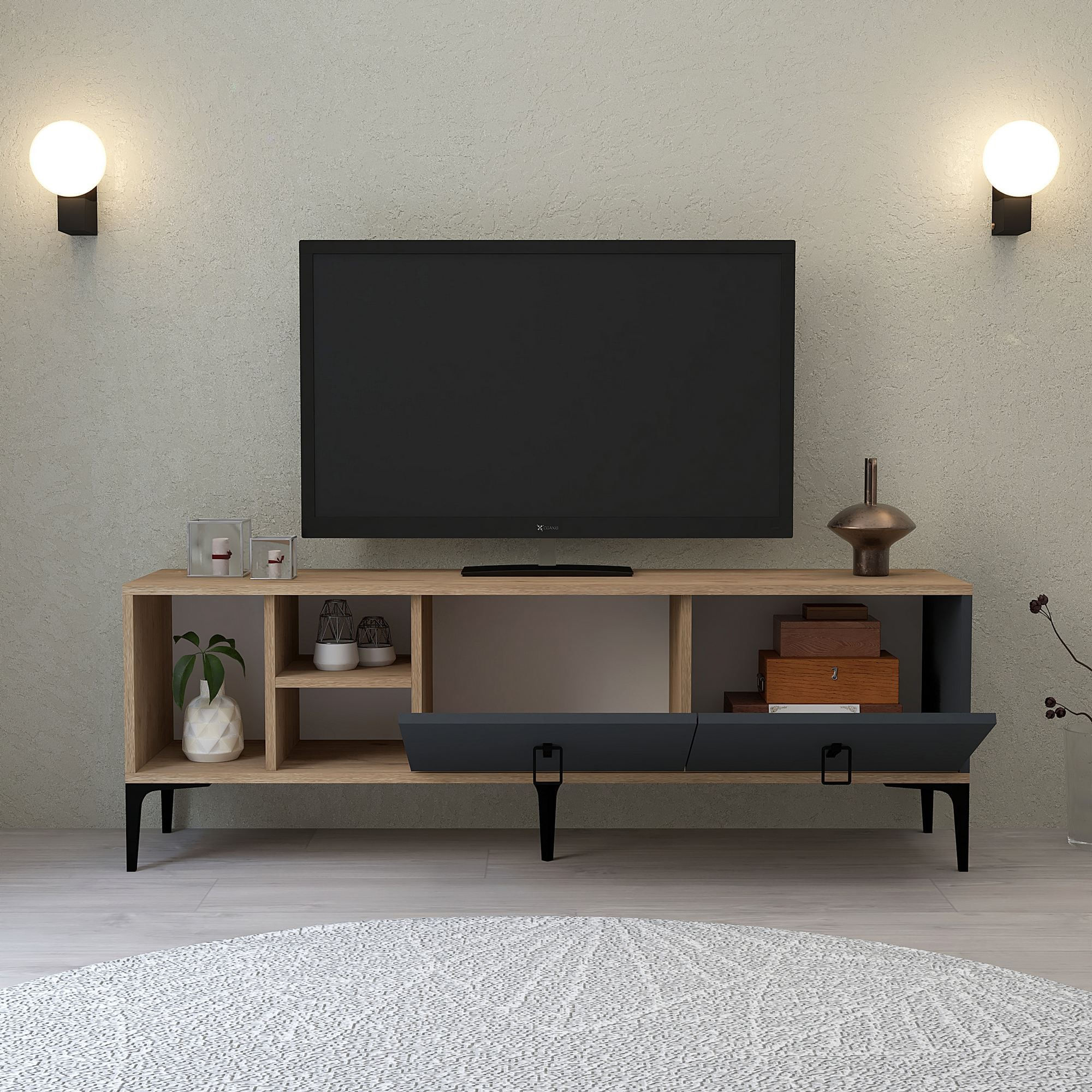 Comoda TV Era 3505, 150 x 50 x 35 cm, stejar safir antracit, PAL melaminat — imaginea 4