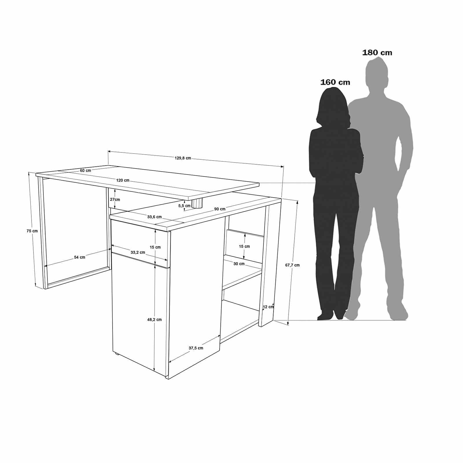 Birou Nor1-Sa, 129,8 x 70 x 90 cm, natural antracit, PAL melaminat — imaginea 3