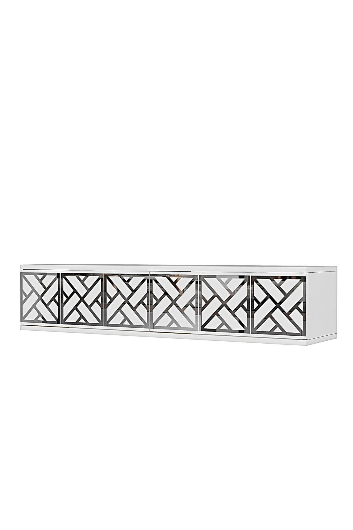 Comoda dormitor Arex 120, 120 x 25, 5 x 29, 6 cm, alb argintiu, PAL melaminat, oglinda inclusa, fixare pe perete, alb / silver — imaginea 3