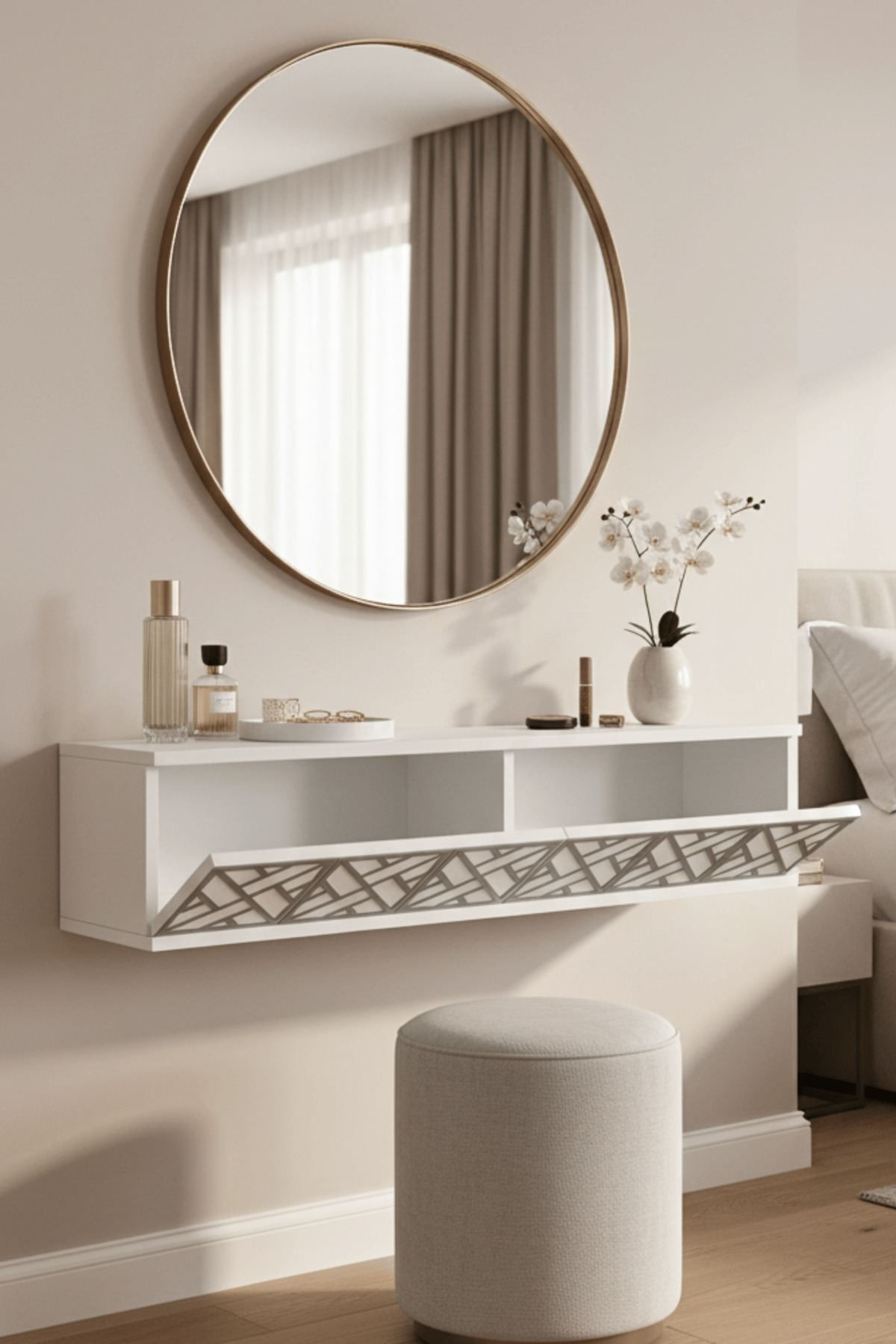 Comoda dormitor Arex 120, 120 x 25, 5 x 29, 6 cm, alb argintiu, PAL melaminat, oglinda inclusa, fixare pe perete, alb / silver — imaginea 6