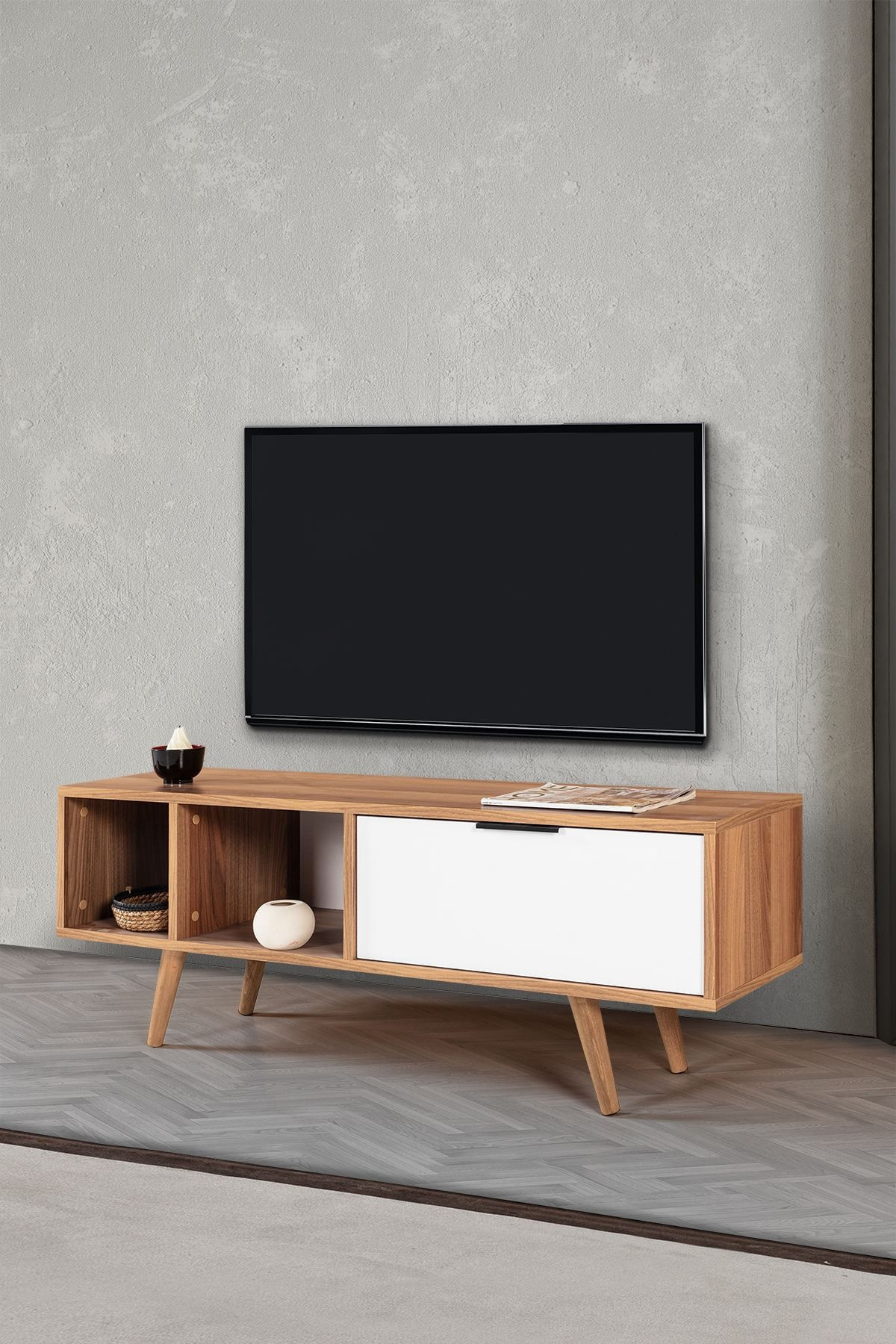 Comoda TV Venüs 3344, 130 x 46 x 35 cm, nuc alb, PAL melaminat — imaginea 2