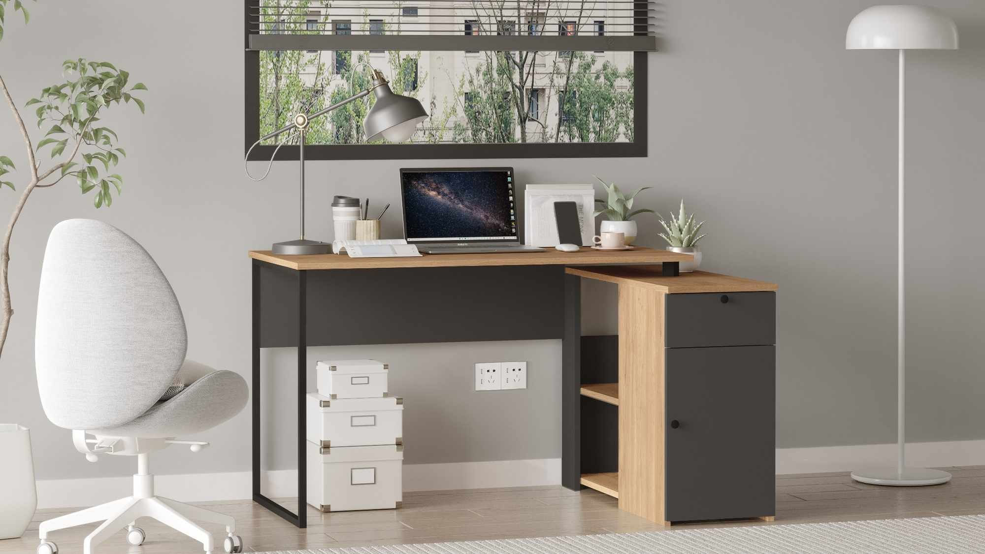 Birou Nor1-Sa, 129,8 x 70 x 90 cm, natural antracit, PAL melaminat — imaginea 7