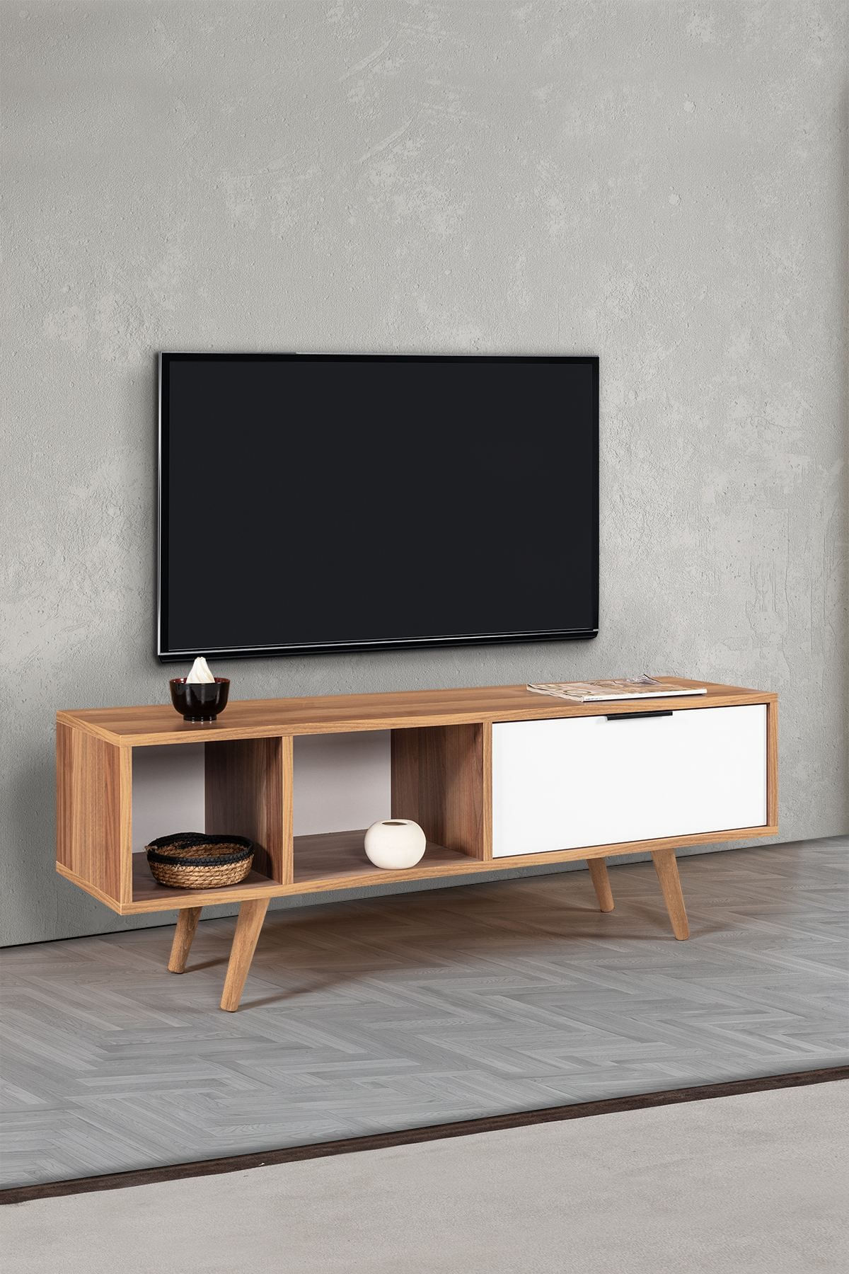 Comoda TV Venüs 3344, 130 x 46 x 35 cm, nuc alb, PAL melaminat — imaginea 5