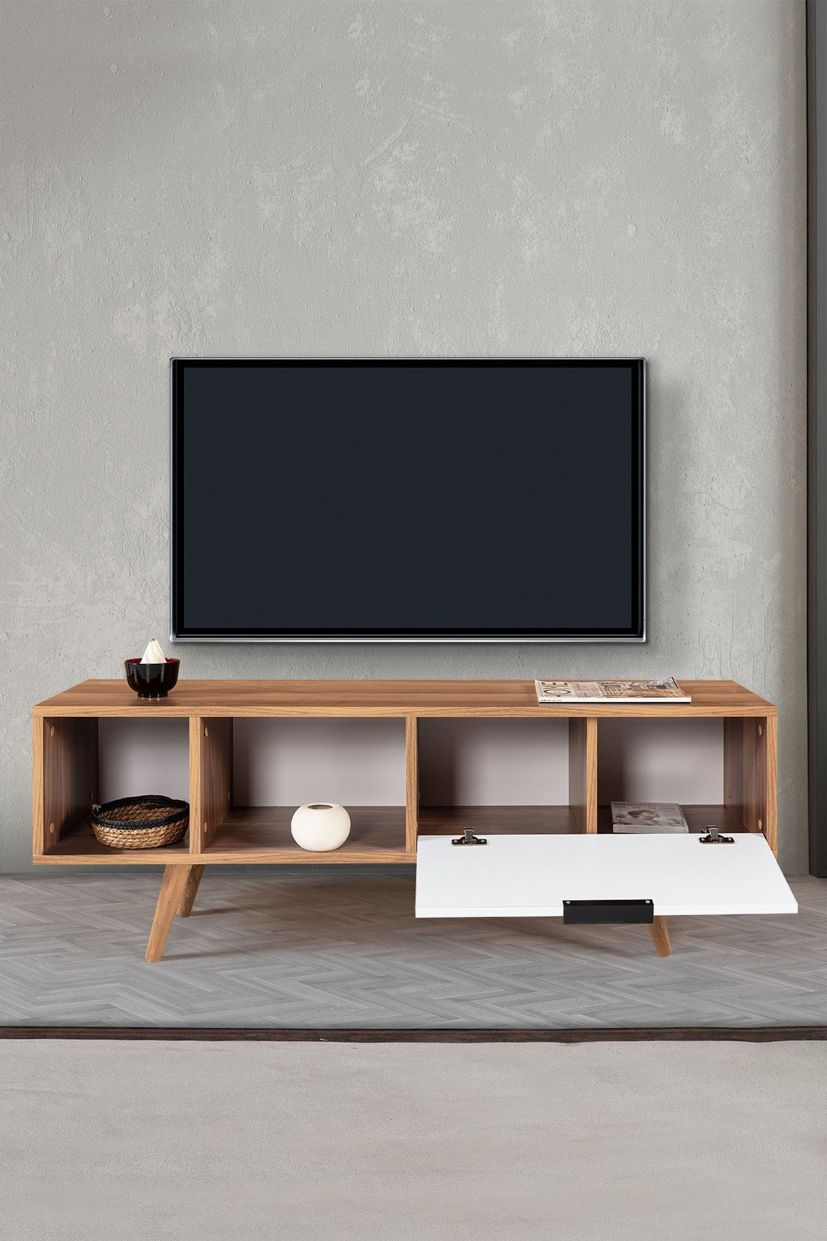 Comoda TV Venüs 3344, 130 x 46 x 35 cm, nuc alb, PAL melaminat — imaginea 7