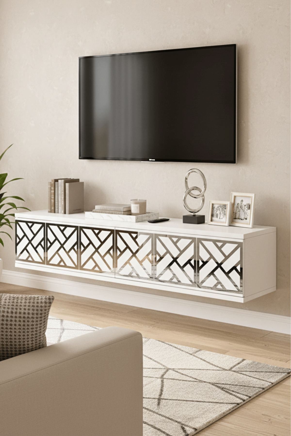 Comoda dormitor Arex 120, 120 x 25, 5 x 29, 6 cm, alb argintiu, PAL melaminat, oglinda inclusa, fixare pe perete, alb / silver — imaginea 7