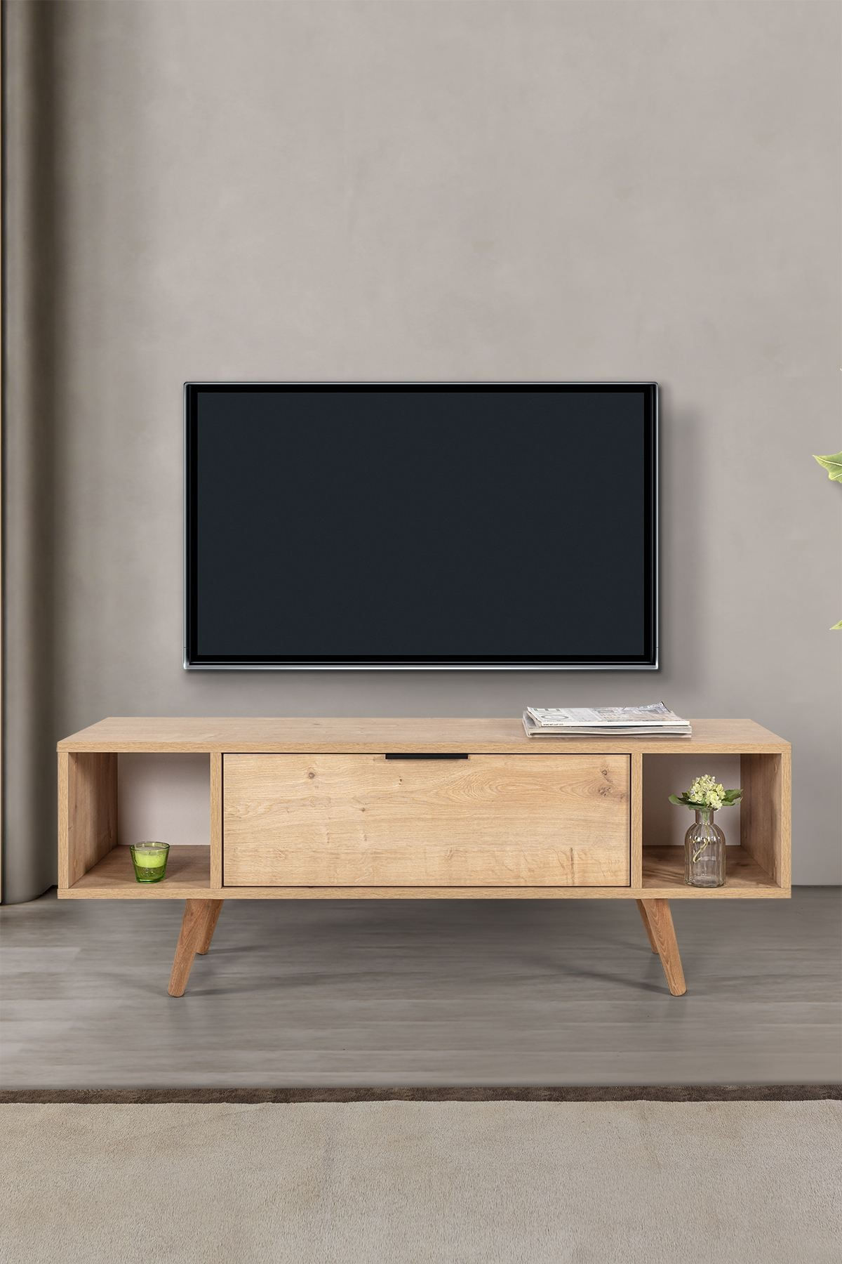 Comoda TV Mesir 3327, 130 x 47 x 35 cm, stejar safir, PAL melaminat