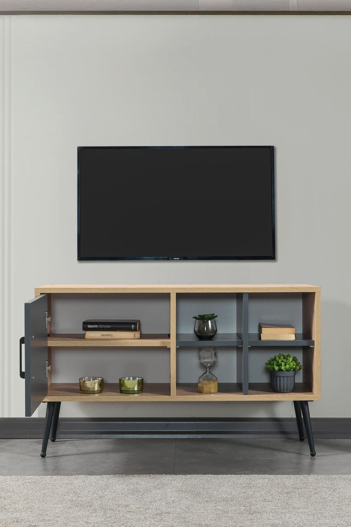 Comoda TV Şile 3109, 100 x 60 x 35 cm, stejar safir antracit, PAL melaminat — imaginea 3