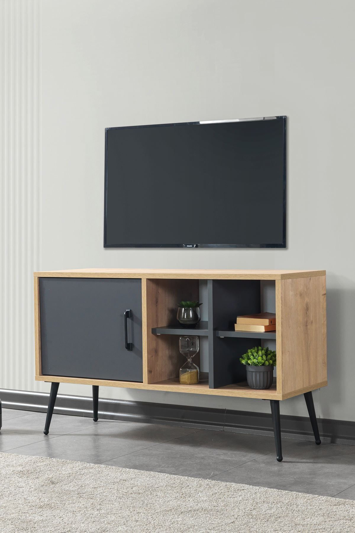 Comoda TV Şile 3109, 100 x 60 x 35 cm, stejar safir antracit, PAL melaminat — imaginea 8
