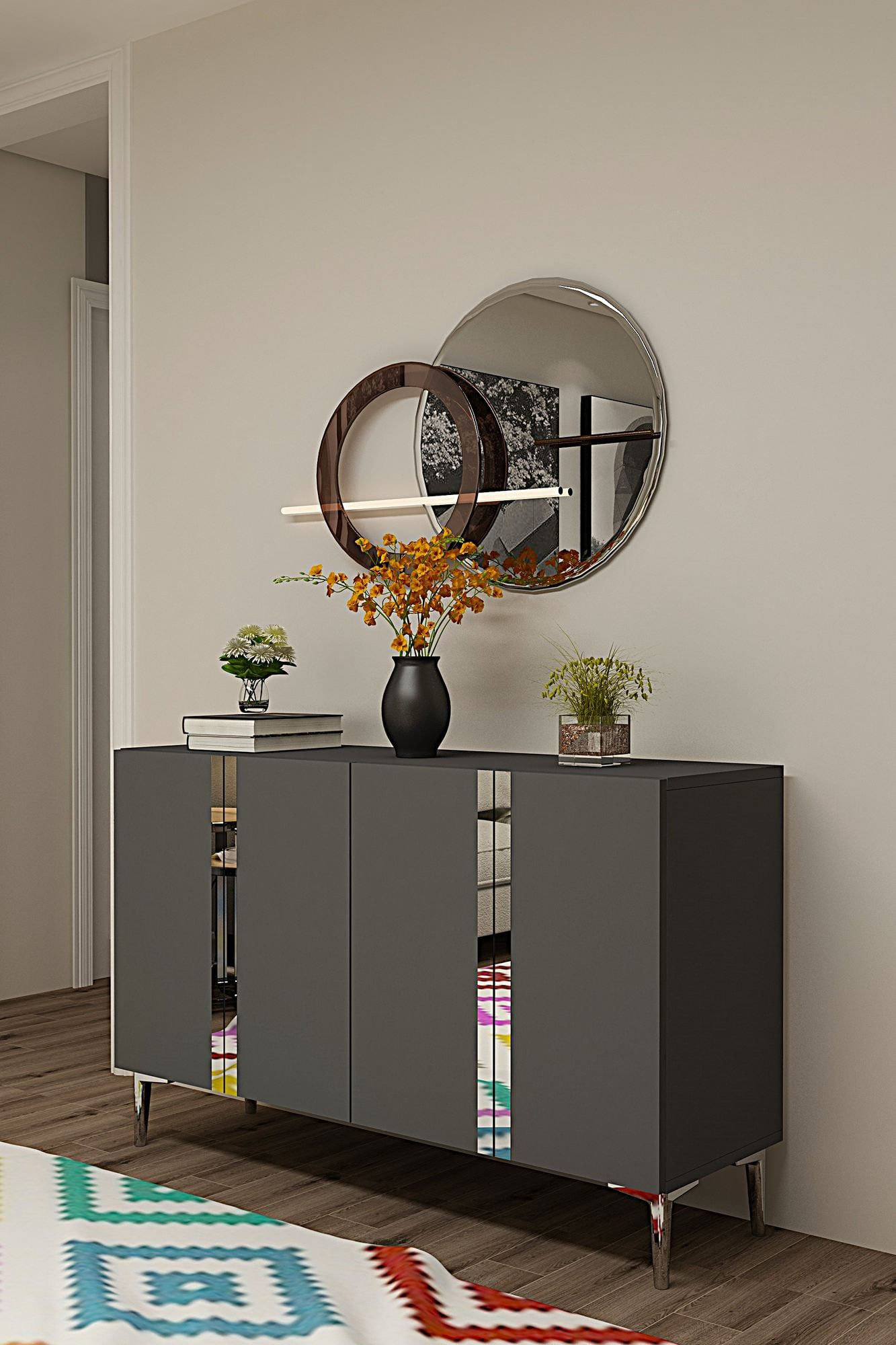 Consola Anka 120, 120 x 75 x 32 cm, antracit argintiu, PAL melaminat, spatiu de depozitare, antracit / silver — imaginea 7