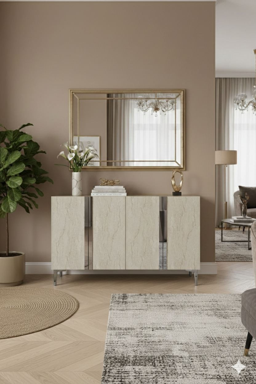 Consola Anka 120, 120 x 75 x 32 cm, alb travertin argintiu, PAL melaminat, spatiu de depozitare, alb / travertin / silver — imaginea 2