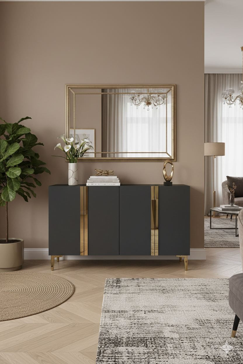 Consola Anka 120, 120 x 75 x 32 cm, antracit auriu, PAL melaminat, spatiu de depozitare, antracit / gold — imaginea 2