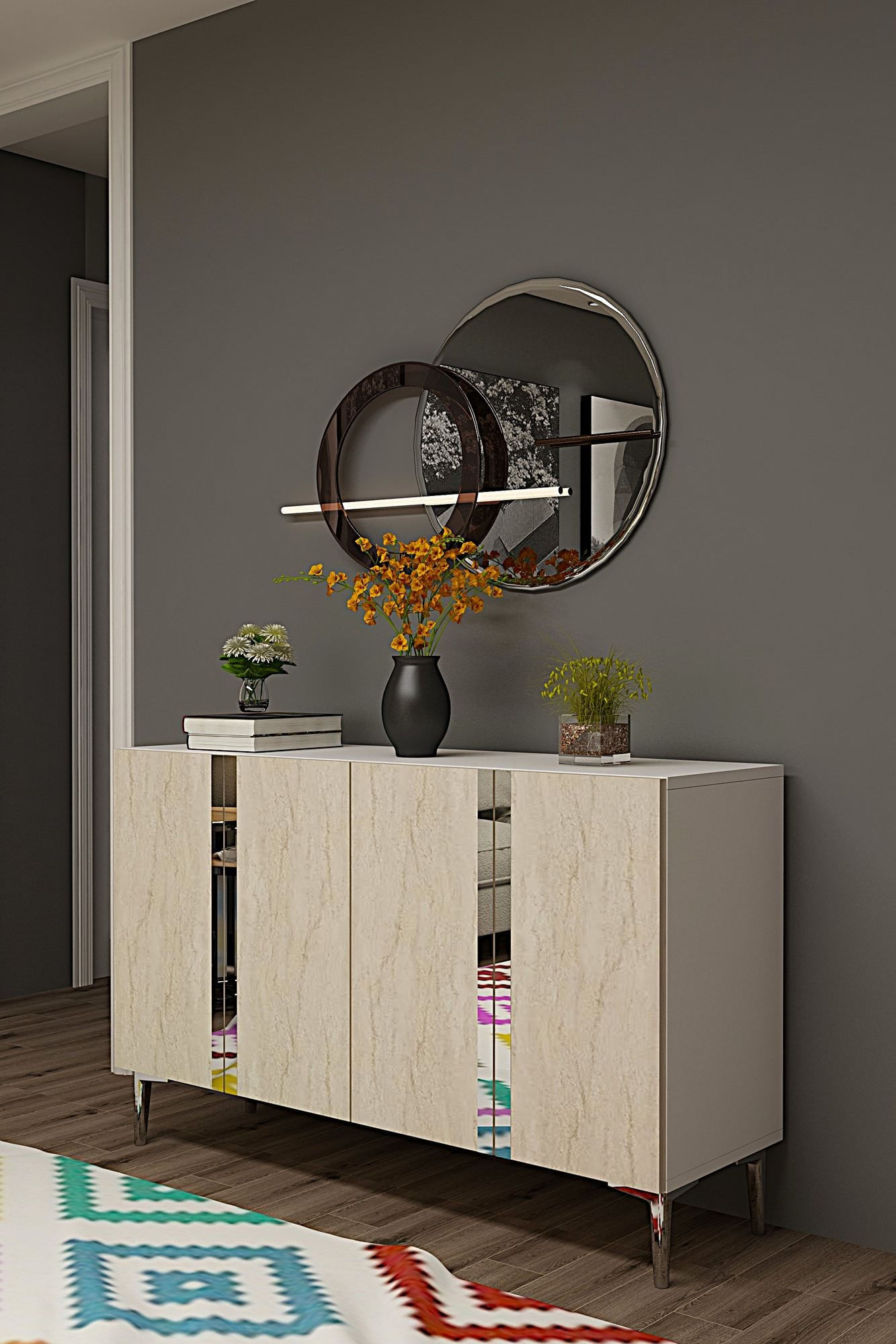 Consola Anka 120, 120 x 75 x 32 cm, alb travertin argintiu, PAL melaminat, spatiu de depozitare, alb / travertin / silver — imaginea 5