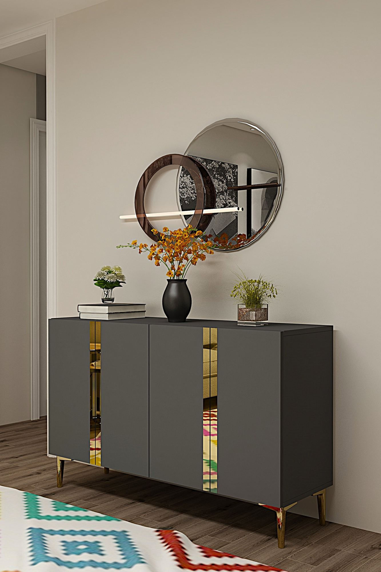 Consola Anka 120, 120 x 75 x 32 cm, antracit auriu, PAL melaminat, spatiu de depozitare, antracit / gold — imaginea 3
