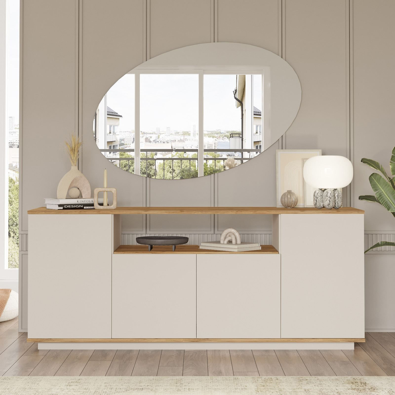 Consola Ave15-Aka, 180 x 75 x 44,5 cm, pin atlantic cashmere, PAL melaminat, spatiu de depozitare, fixare pe perete — imaginea 6