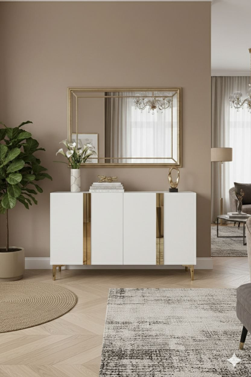 Consola Anka 120, 120 x 75 x 32 cm, alb auriu, PAL melaminat, spatiu de depozitare, alb / gold — imaginea 3