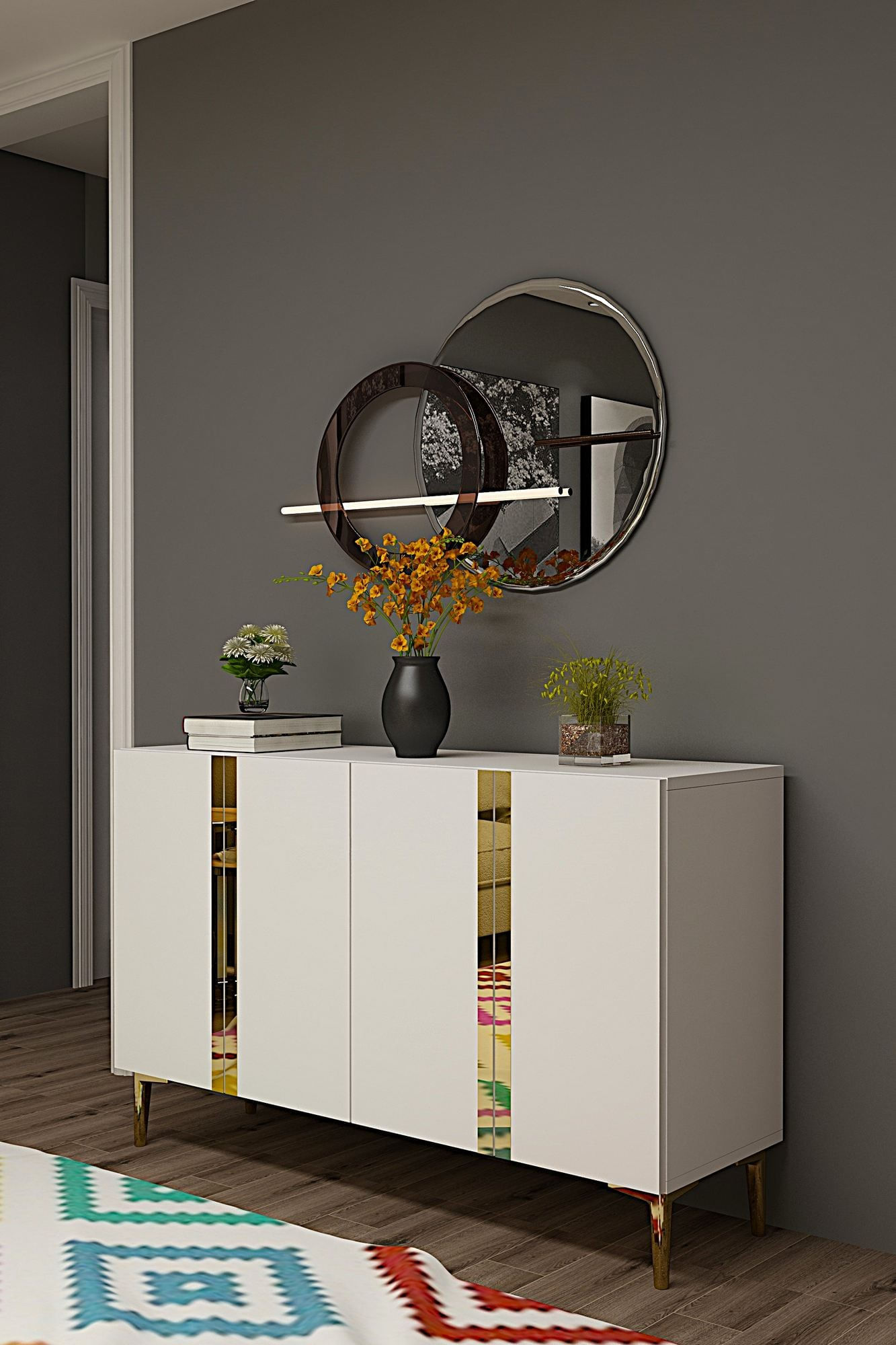 Consola Anka 120, 120 x 75 x 32 cm, alb auriu, PAL melaminat, spatiu de depozitare, alb / gold — imaginea 5