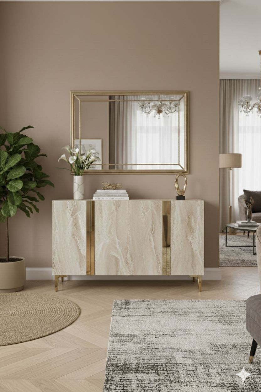 Consola Anka 120, 120 x 75 x 32 cm, alb travertin auriu, PAL melaminat, spatiu de depozitare, alb / travertin / gold