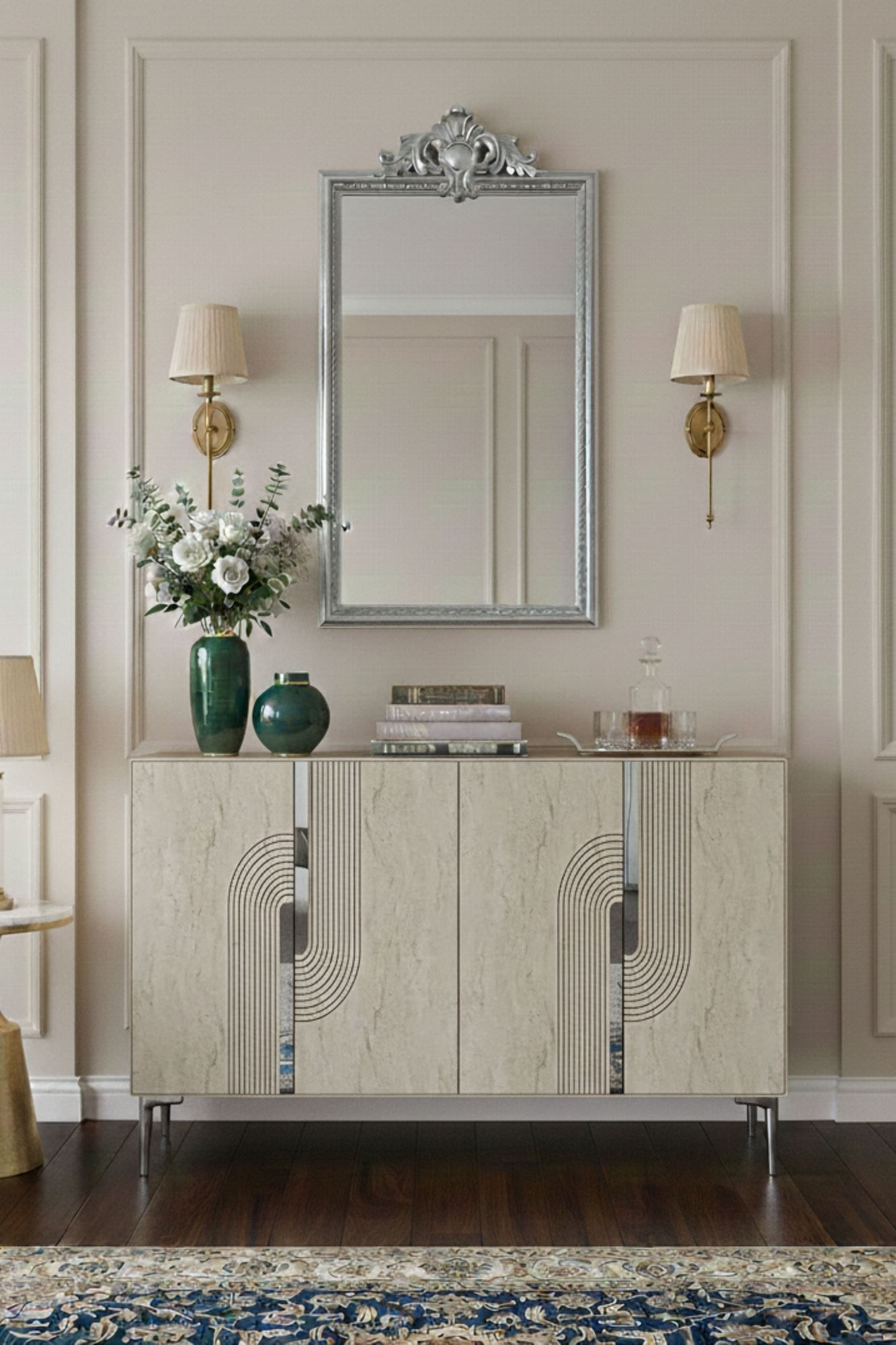 Consola Meyra 120, 120 x 75 x 32 cm, alb travertin argintiu, PAL melaminat, spatiu de depozitare, fixare pe perete, alb / travertin / silver — imaginea 7