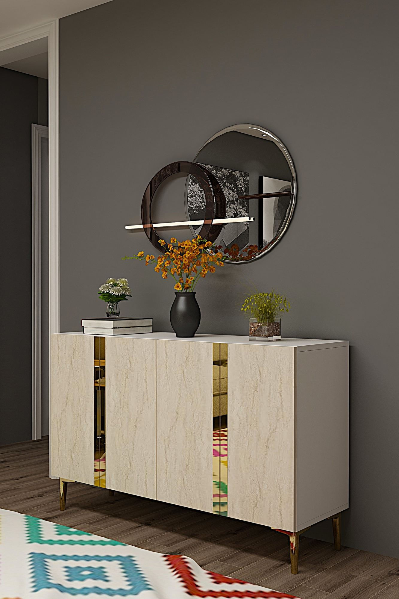 Consola Anka 120, 120 x 75 x 32 cm, alb travertin auriu, PAL melaminat, spatiu de depozitare, alb / travertin / gold — imaginea 5