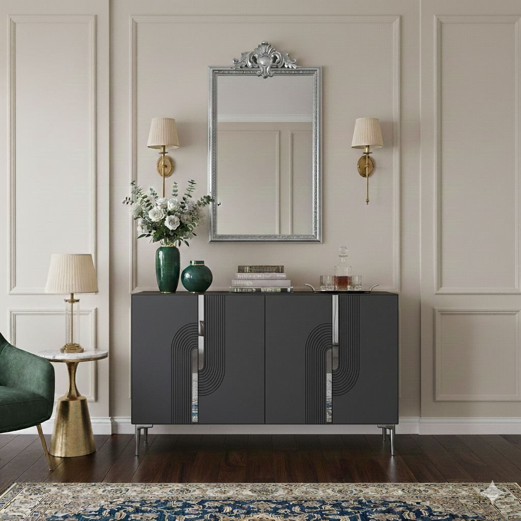 Consola Meyra 120, 120 x 75 x 32 cm, antracit argintiu, PAL melaminat, spatiu de depozitare, fixare pe perete, antracit / silver — imaginea 7