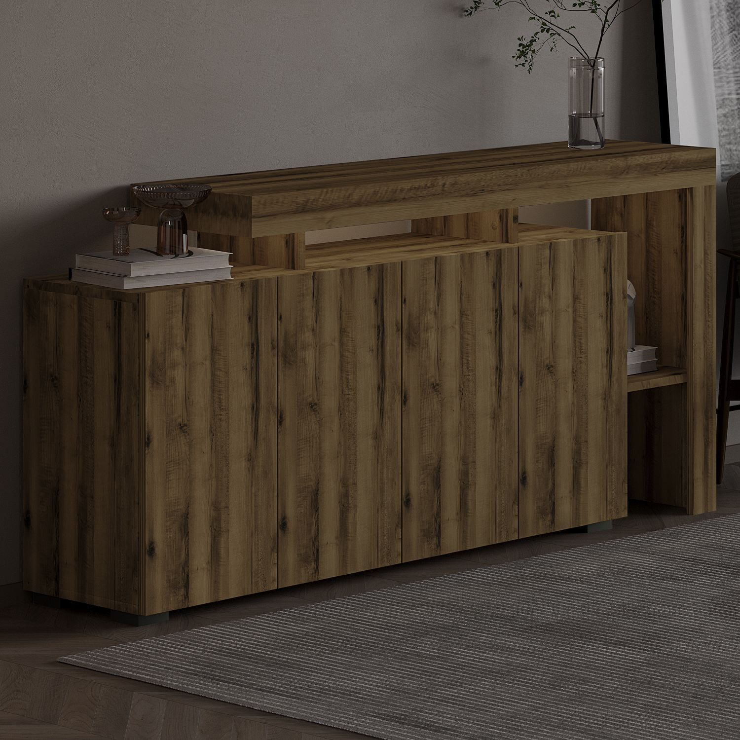 Consola Beliz, 170 x 80 x 35 cm, nuc antichizat, PAL melaminat, spatiu de depozitare, fixare pe perete, antique nuc — imaginea 2