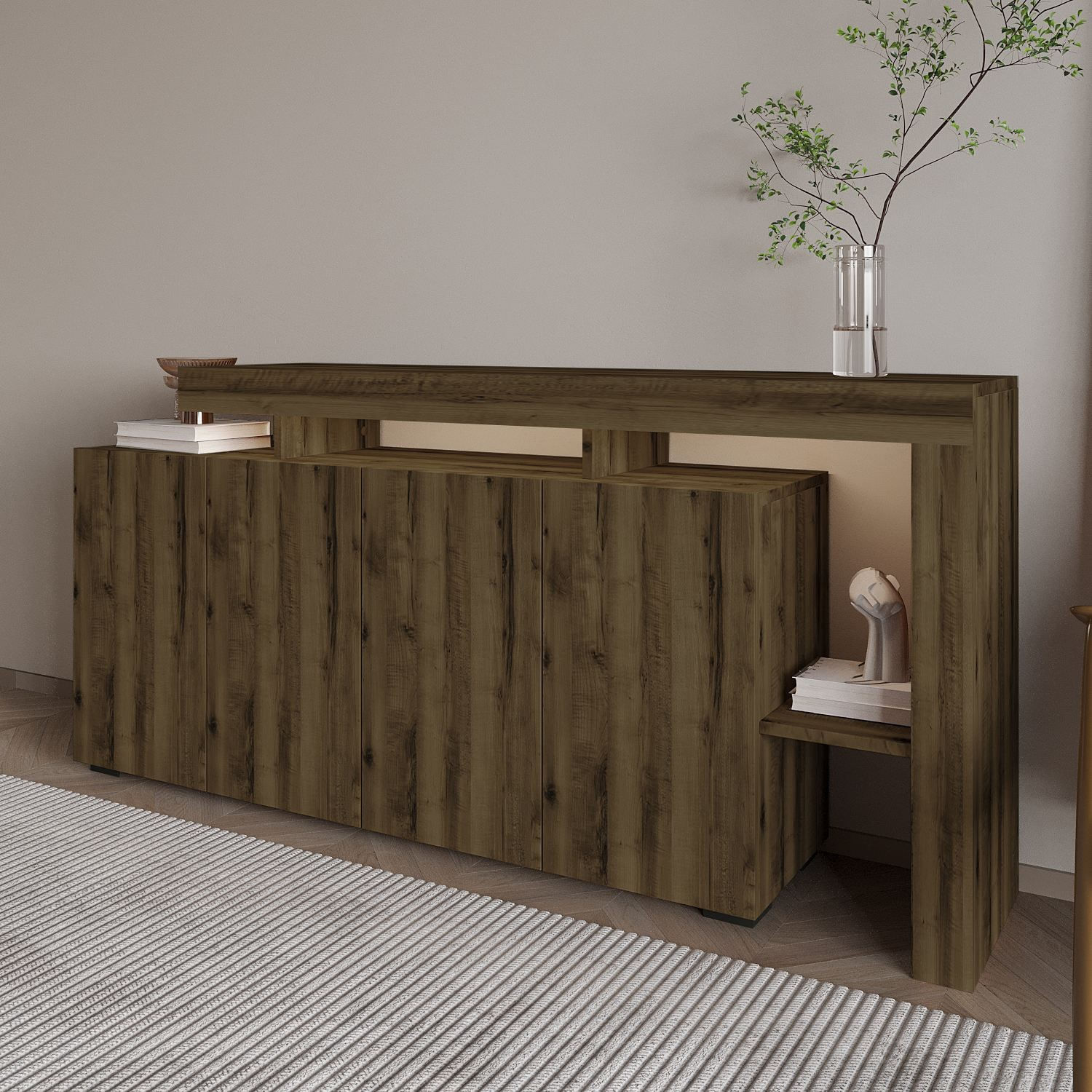 Consola Beliz, 170 x 80 x 35 cm, nuc antichizat, PAL melaminat, spatiu de depozitare, fixare pe perete, antique nuc — imaginea 3