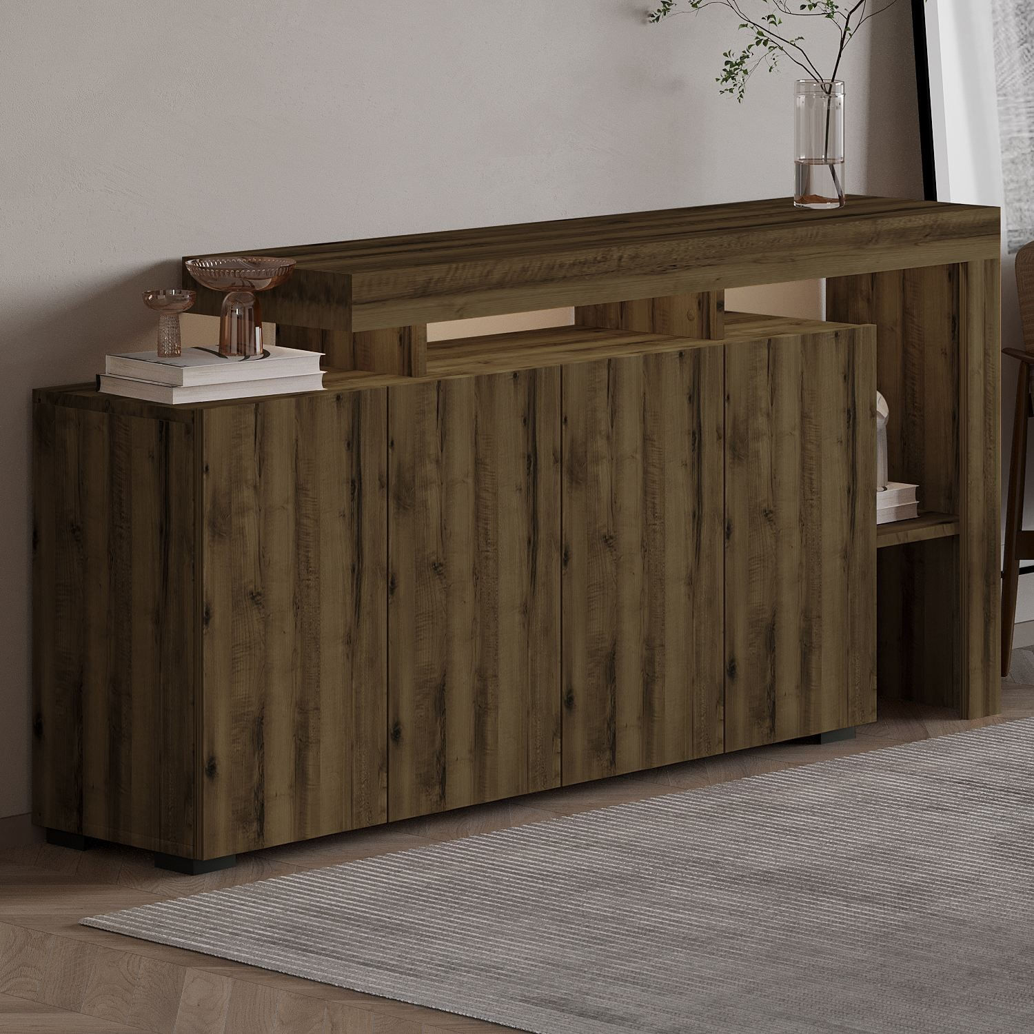 Consola Beliz, 170 x 80 x 35 cm, nuc antichizat, PAL melaminat, spatiu de depozitare, fixare pe perete, antique nuc — imaginea 5