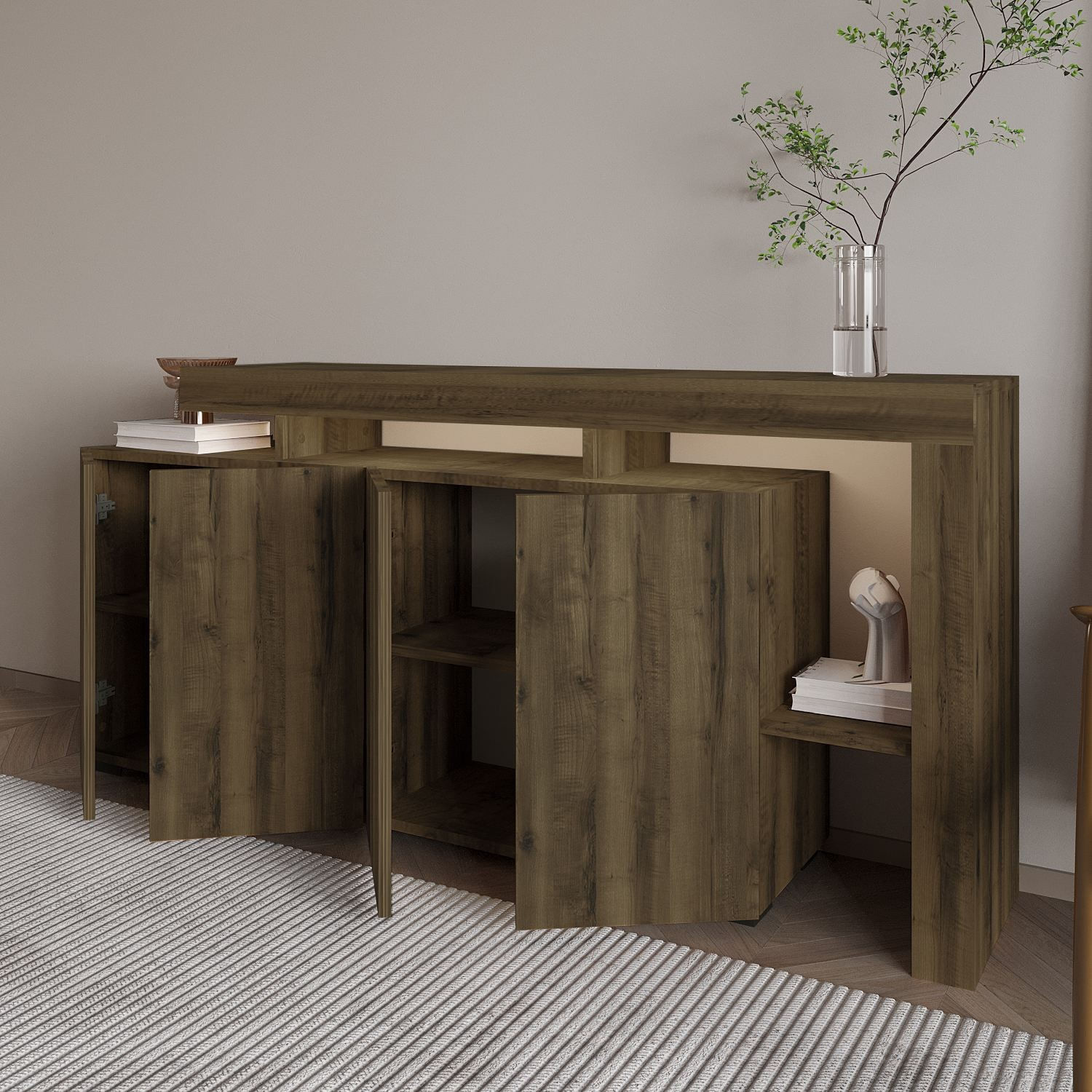 Consola Beliz, 170 x 80 x 35 cm, nuc antichizat, PAL melaminat, spatiu de depozitare, fixare pe perete, antique nuc — imaginea 6