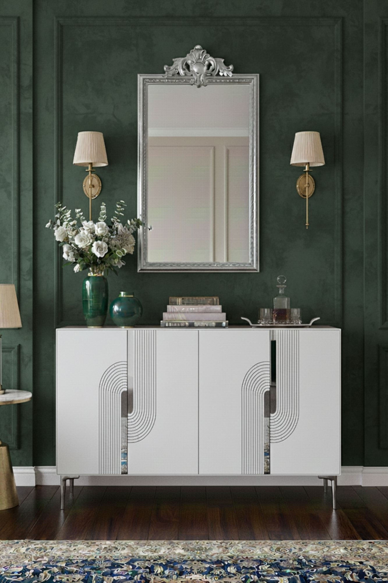 Consola Meyra 120, 120 x 75 x 32 cm, alb argintiu, PAL melaminat, spatiu de depozitare, fixare pe perete, alb / silver — imaginea 8