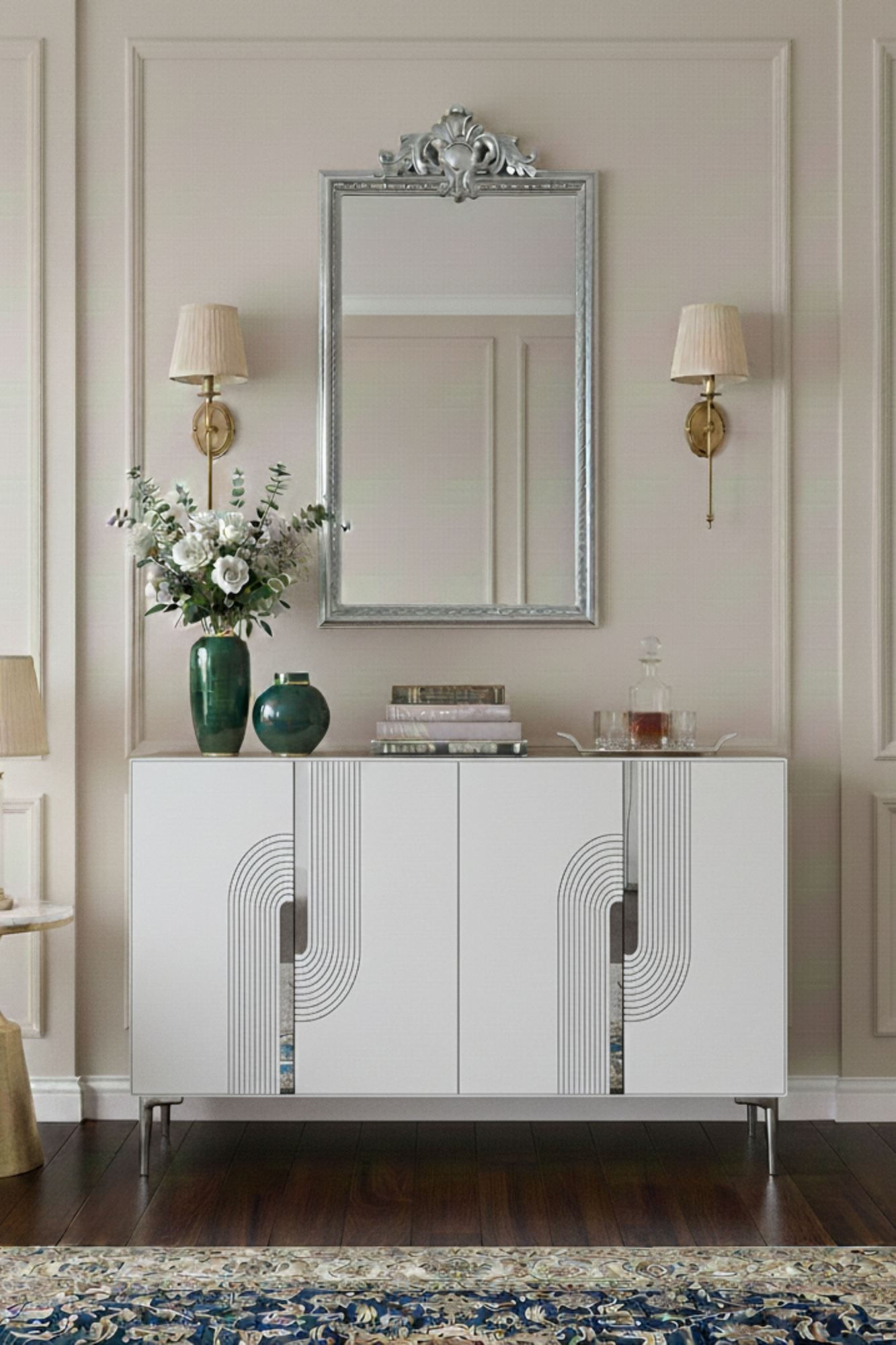 Consola Meyra 120, 120 x 75 x 32 cm, alb argintiu, PAL melaminat, spatiu de depozitare, fixare pe perete, alb / silver — imaginea 9