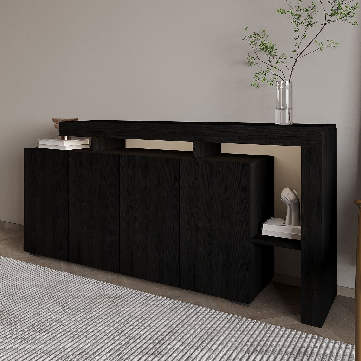 Consola Beliz, 170 x 80 x 35 cm, lemn negru, PAL melaminat, spatiu de depozitare, fixare pe perete, wood negru — imaginea 3