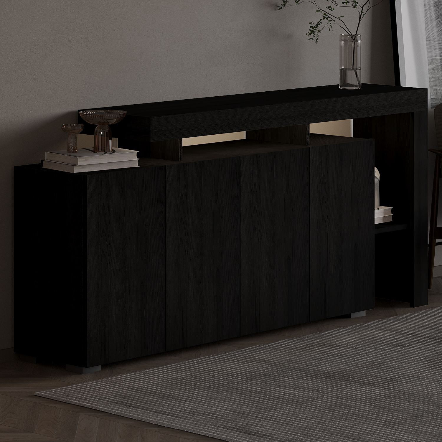 Consola Beliz, 170 x 80 x 35 cm, lemn negru, PAL melaminat, spatiu de depozitare, fixare pe perete, wood negru — imaginea 5