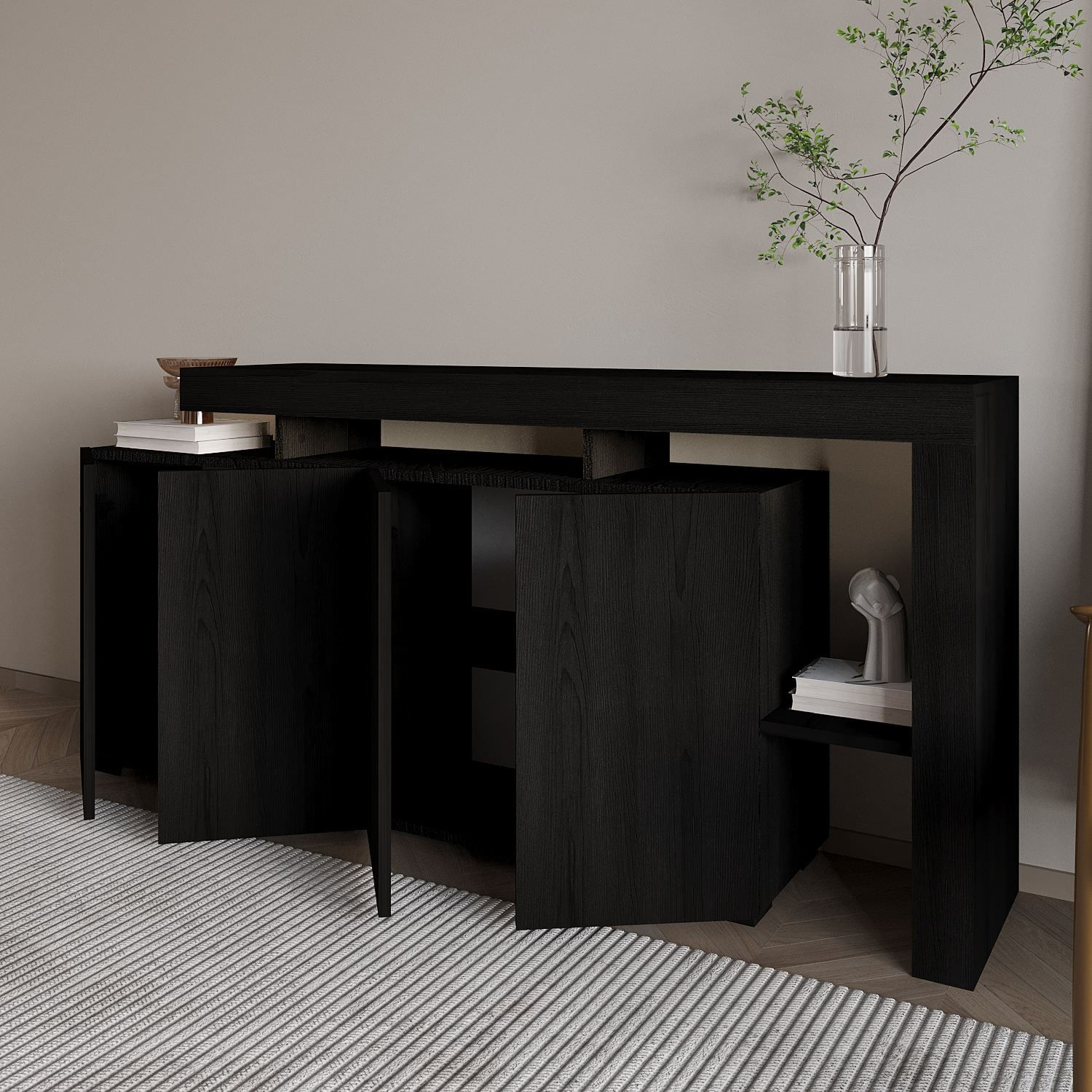 Consola Beliz, 170 x 80 x 35 cm, lemn negru, PAL melaminat, spatiu de depozitare, fixare pe perete, wood negru — imaginea 6