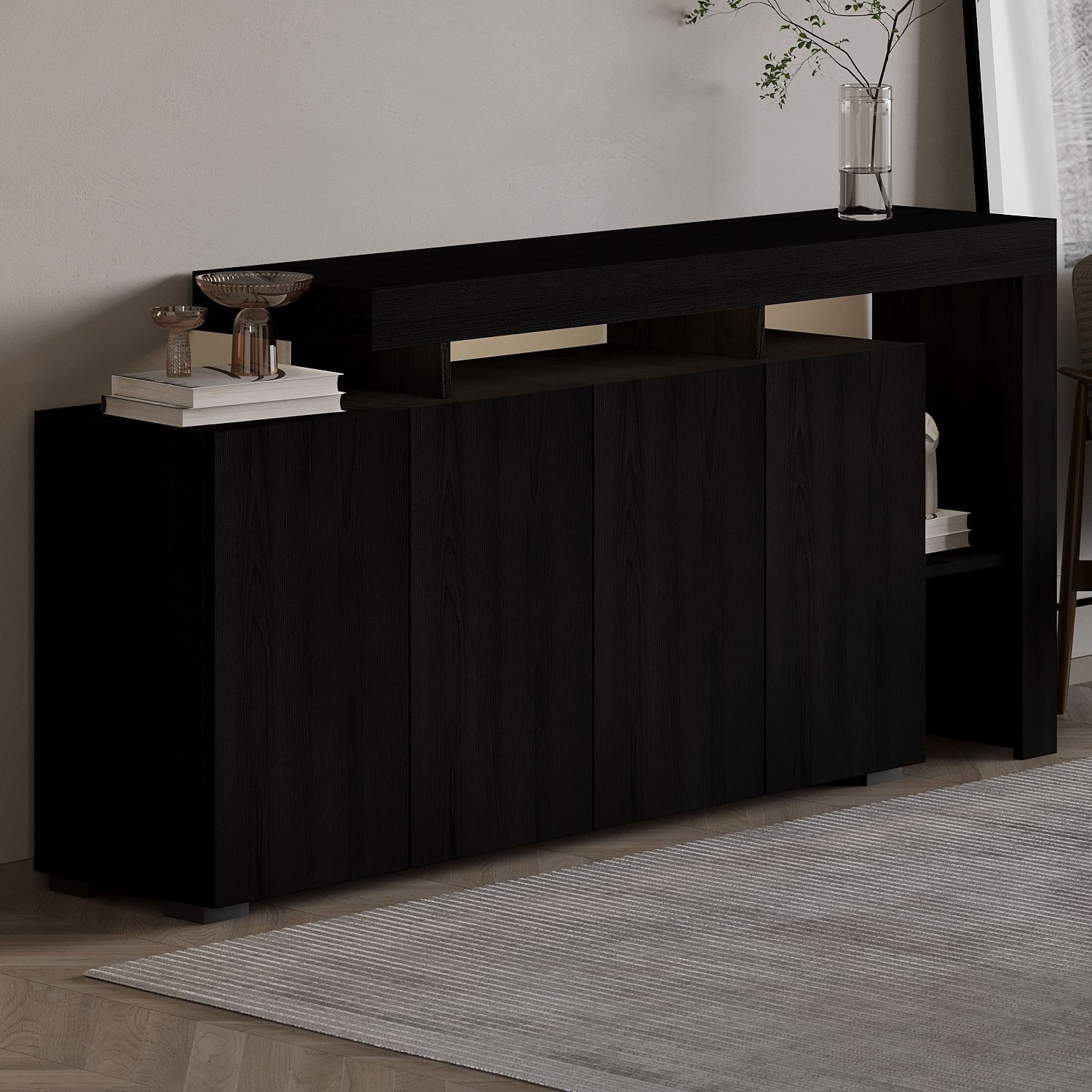Consola Beliz, 170 x 80 x 35 cm, lemn negru, PAL melaminat, spatiu de depozitare, fixare pe perete, wood negru — imaginea 7