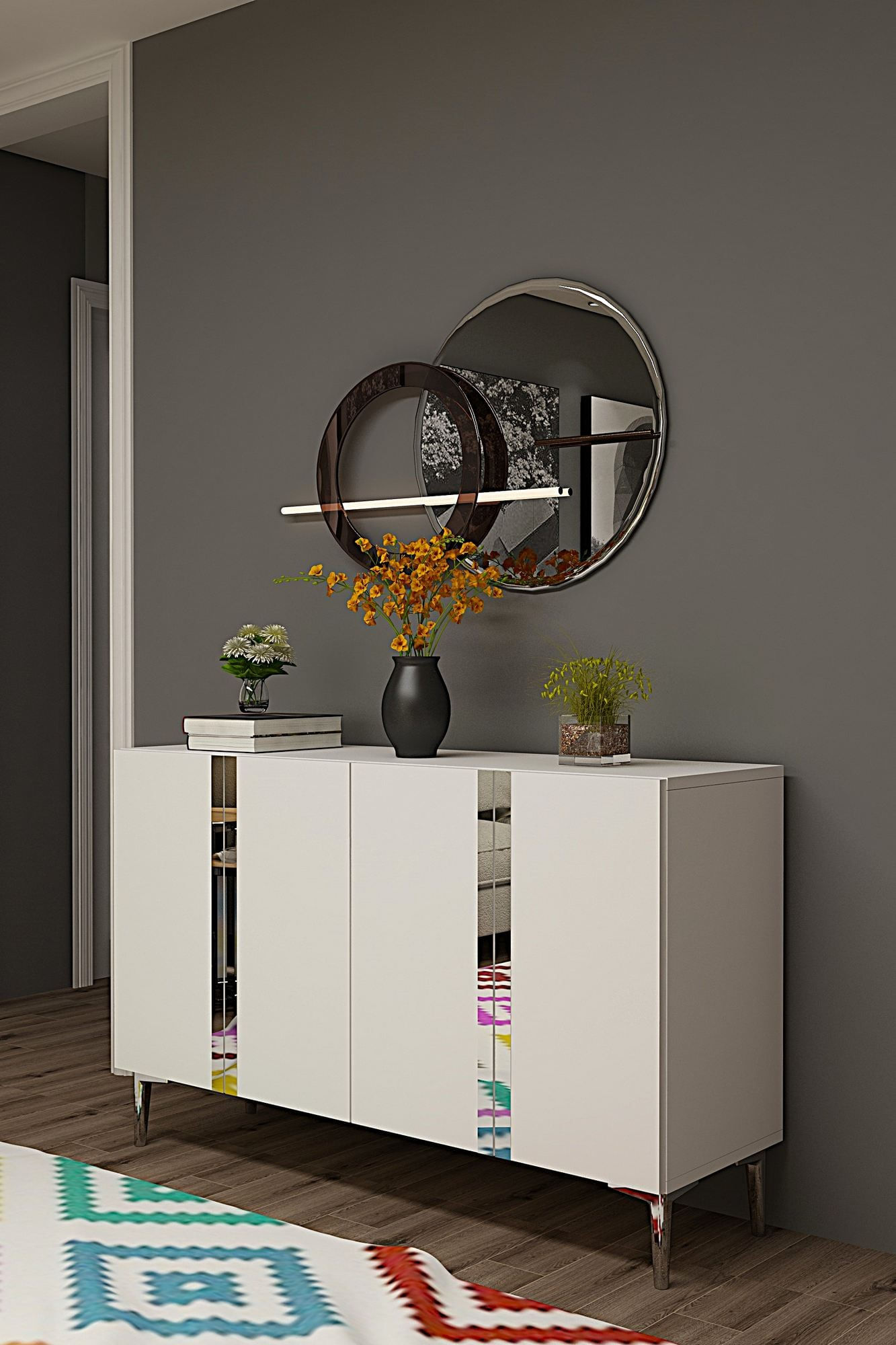 Consola Anka 120, 120 x 75 x 32 cm, alb argintiu, PAL melaminat, spatiu de depozitare, alb / silver — imaginea 6
