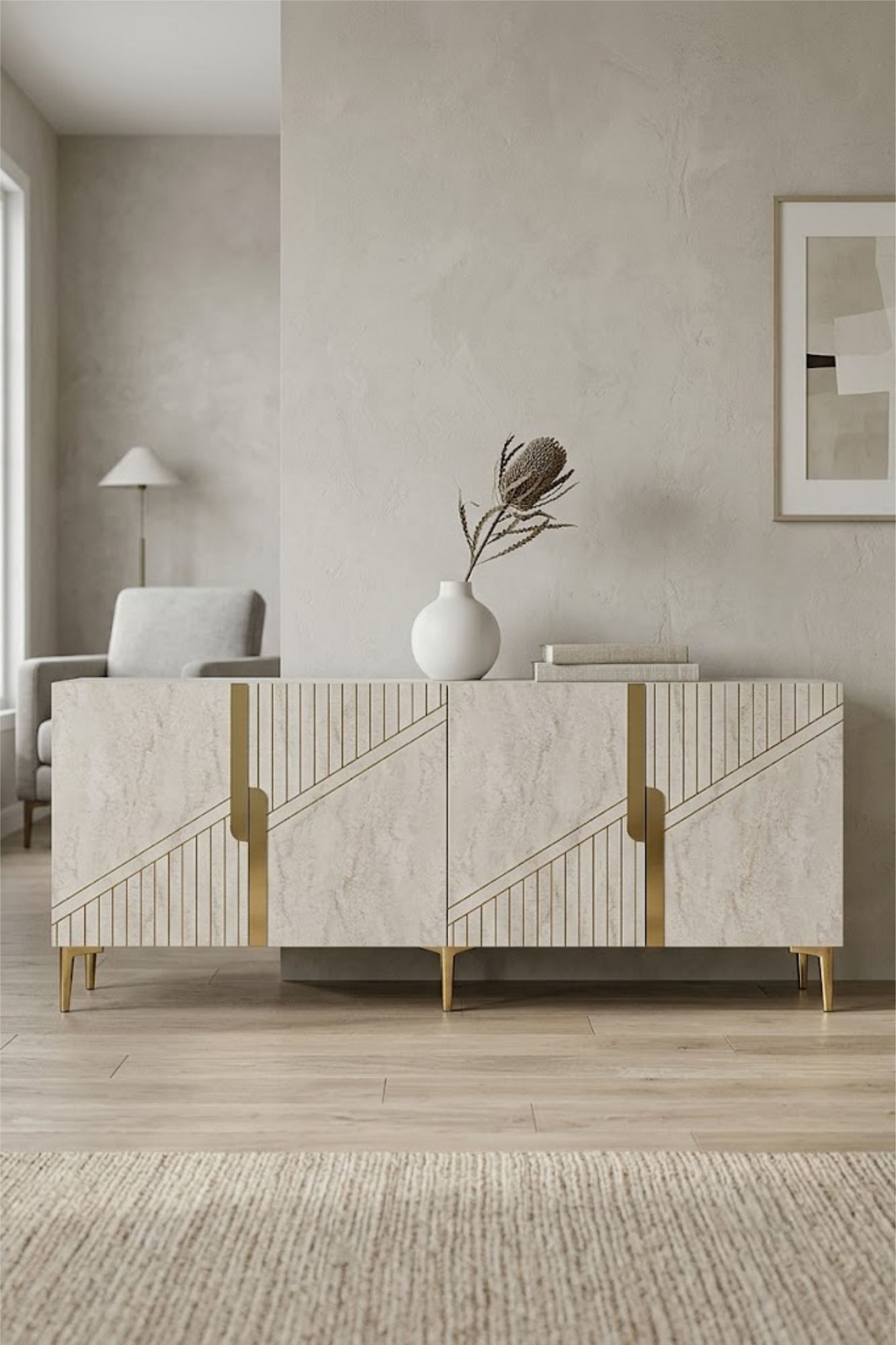 Consola Evva 150, 125 x 75 x 32 cm, alb travertin auriu, PAL melaminat, oglinda inclusa, alb / travertin / gold — imaginea 3