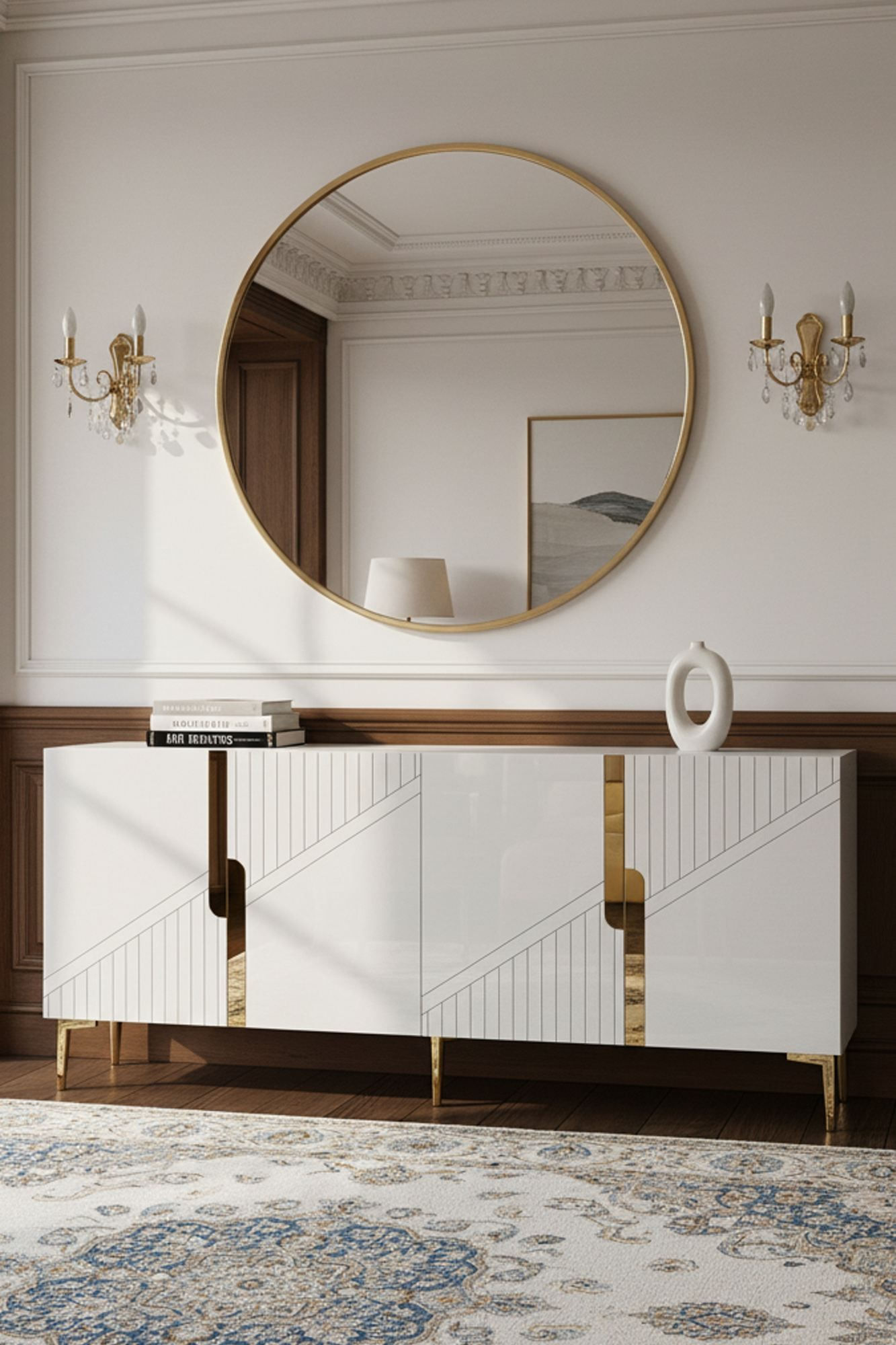 Consola Evva 150, 125 x 75 x 32 cm, alb auriu, PAL melaminat, oglinda inclusa, alb / gold — imaginea 5