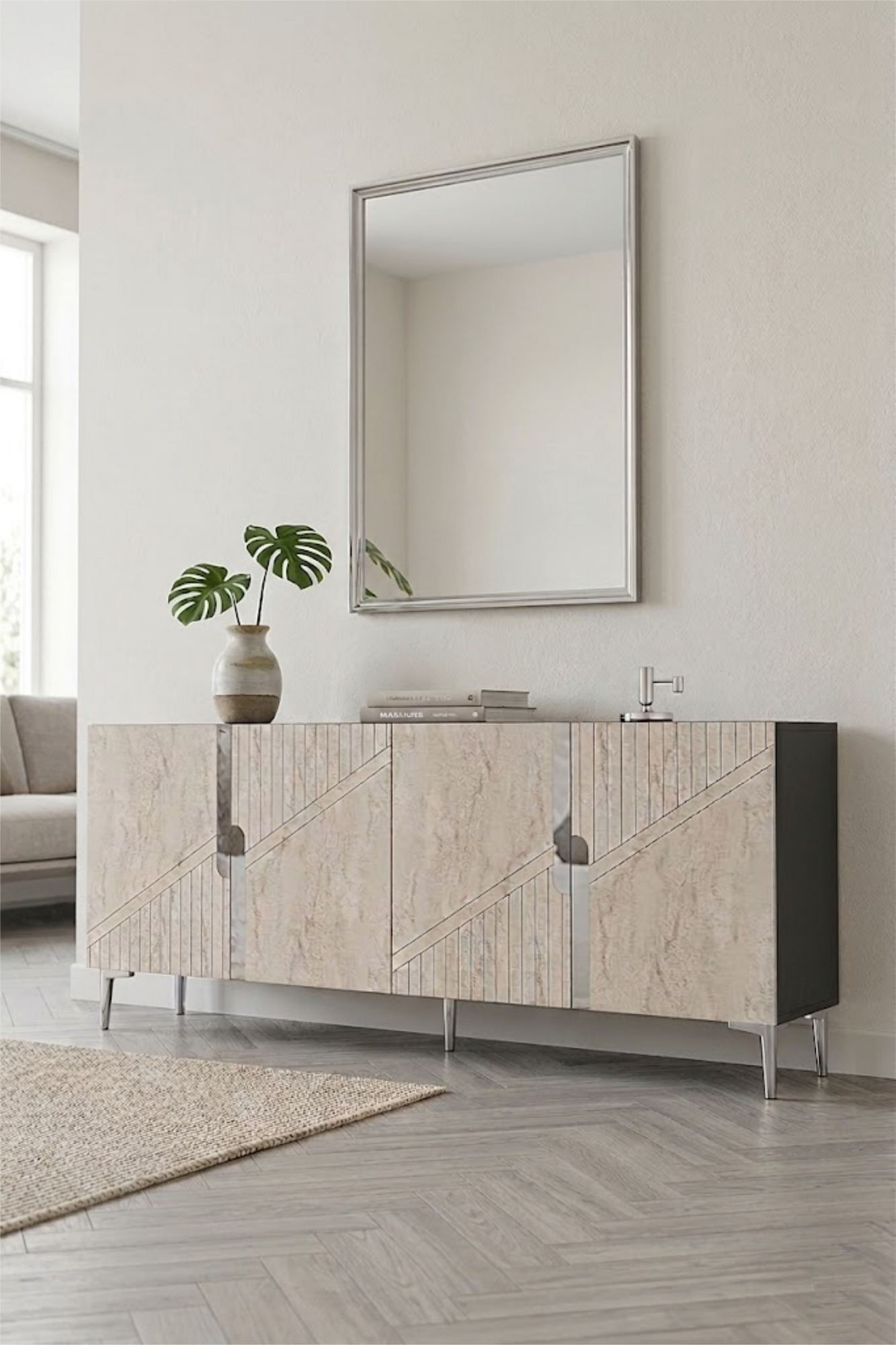 Consola Evva 150, 125 x 75 x 32 cm, antracit travertin argintiu, PAL melaminat, oglinda inclusa, antracit / travertin / silver — imaginea 7