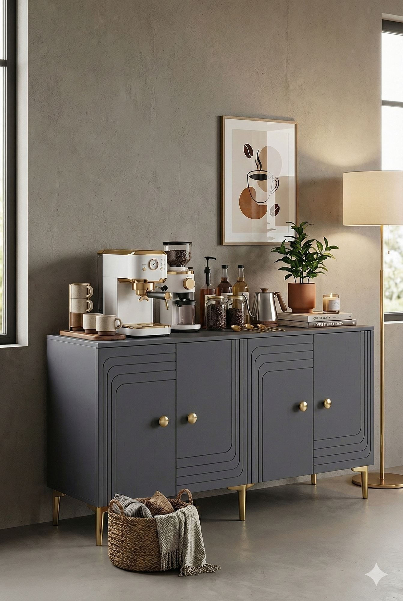 Consola Lessi 150, 150 x 75 x 32 cm, antracit auriu, PAL melaminat, spatiu de depozitare, fixare pe perete, antracit / gold — imaginea 4