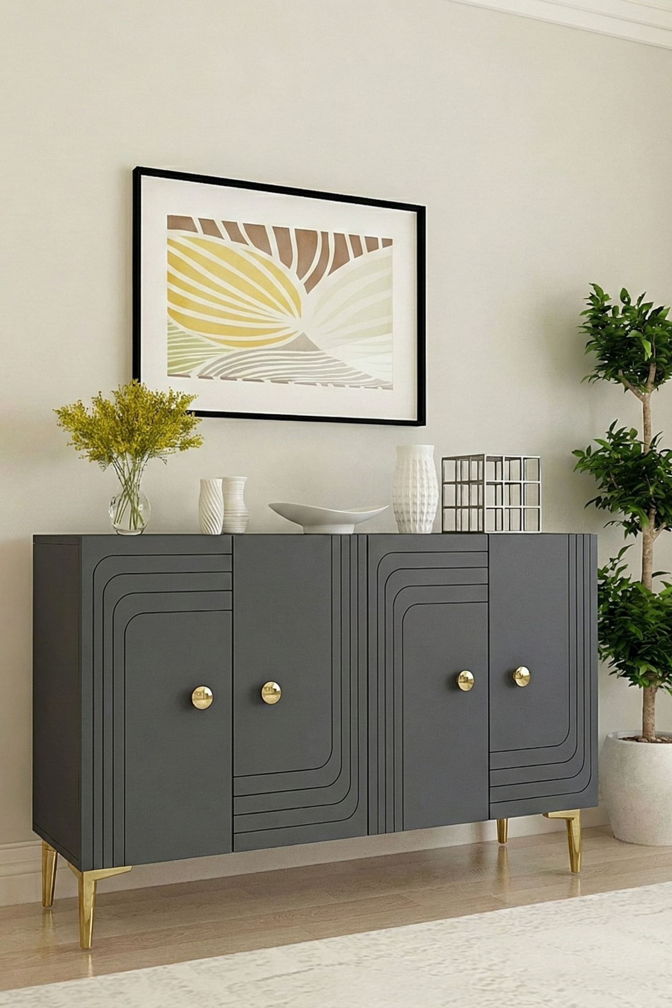 Consola Lessi 120, 120 x 75 x 32 cm, antracit auriu, PAL melaminat, spatiu de depozitare, fixare pe perete, antracit / gold — imaginea 5